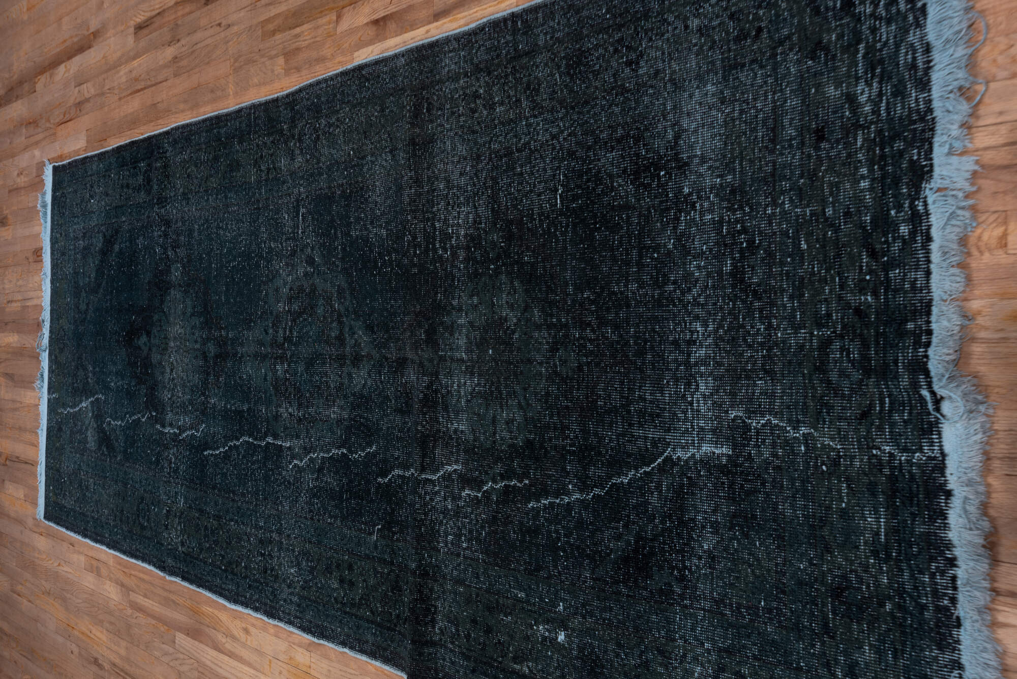 4' x 11' one-of-a-kind handmade vintage Overdyed runner rug. Color palette: black, blue, charcoal, gray, light blue