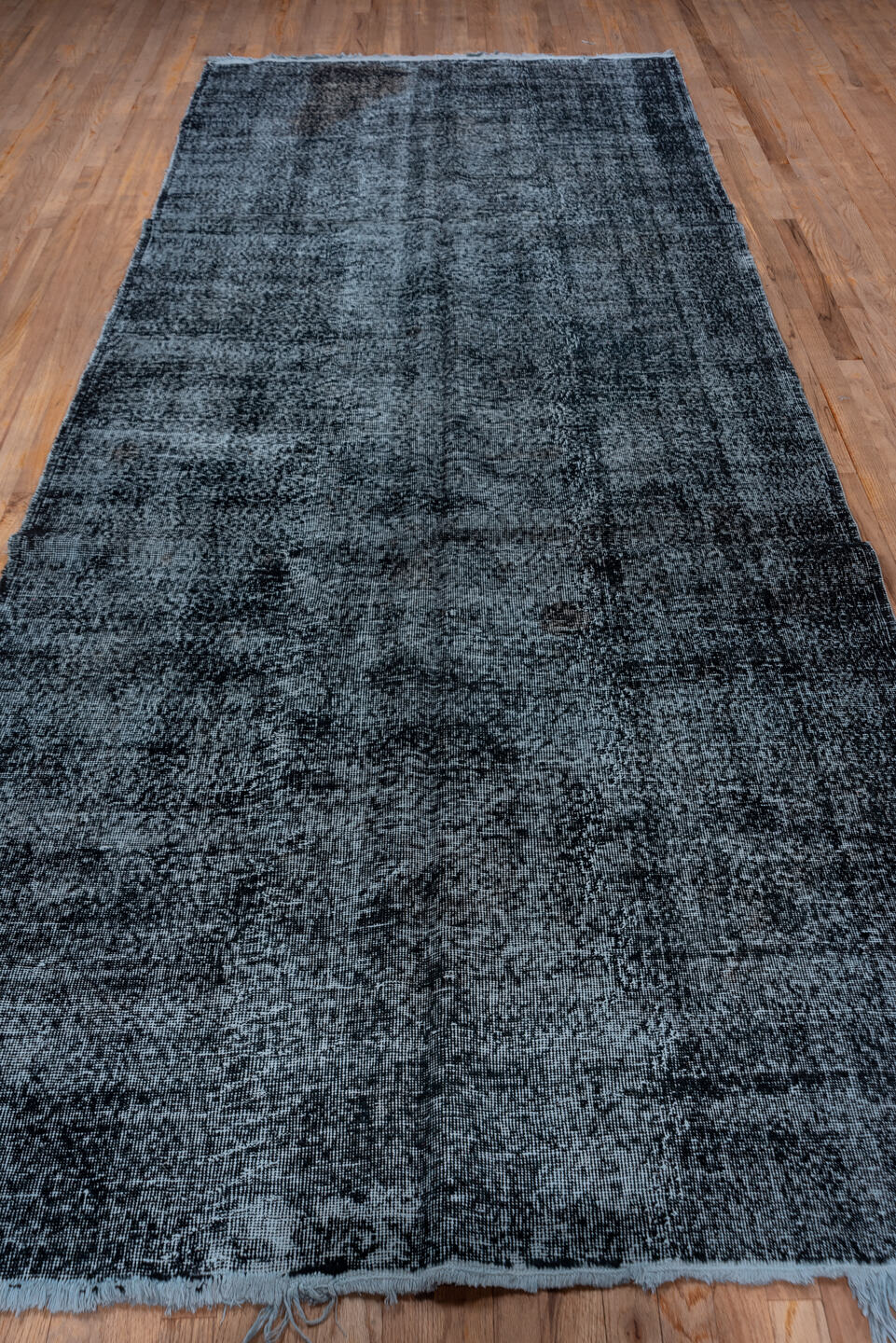 5' x 12' one-of-a-kind handmade vintage Overdyed runner rug. Color palette: gray, black, blue, light blue, slate gray