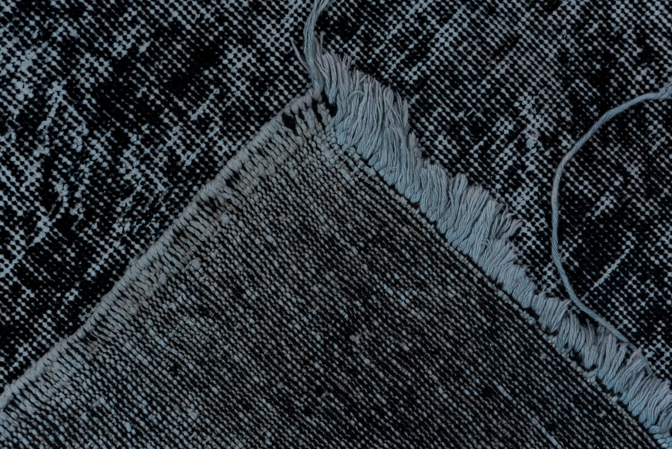 5' x 12' one-of-a-kind handmade vintage Overdyed runner rug. Color palette: gray, black, blue, light blue, slate gray