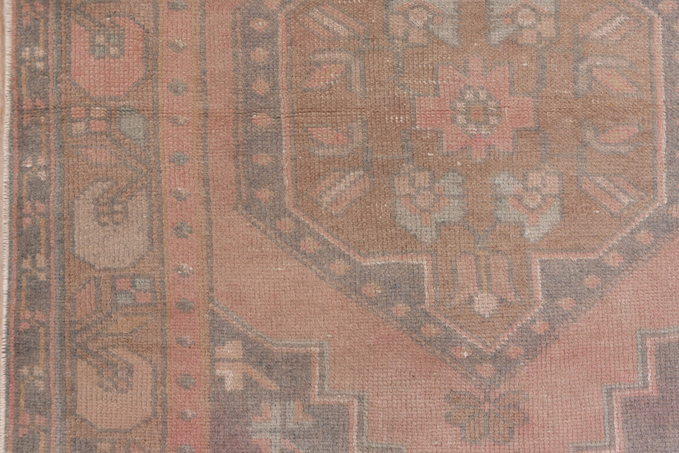 2' x 6' one-of-a-kind handmade vintage Oushak runner rug. Color palette: brown, gray, light gray, off-white, pink, snow