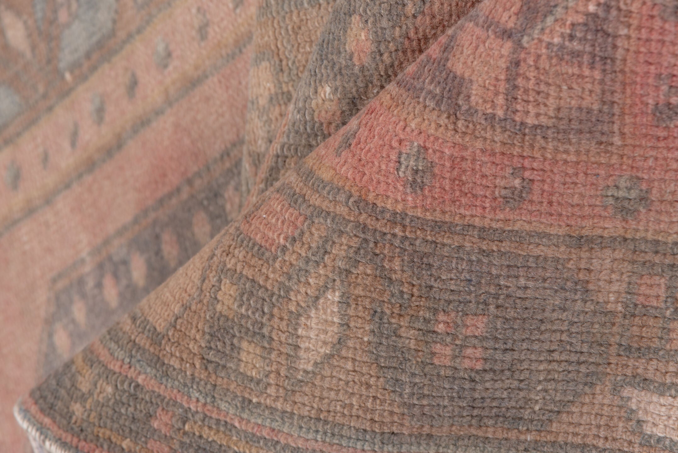 2' x 6' one-of-a-kind handmade vintage Oushak runner rug. Color palette: brown, gray, light gray, off-white, pink, snow