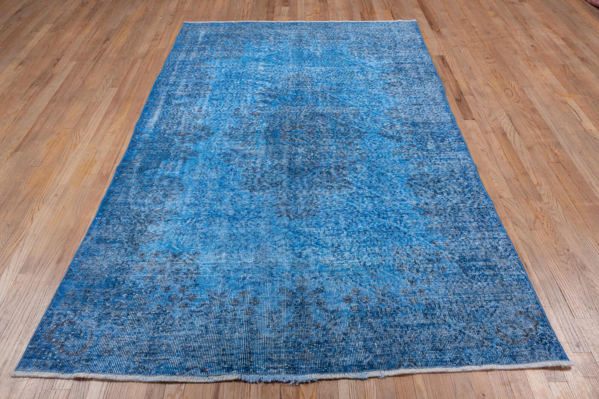 5' x 8' one-of-a-kind handmade vintage Overdyed medium size rug. Color palette: blue, gray, light blue, light steel blue