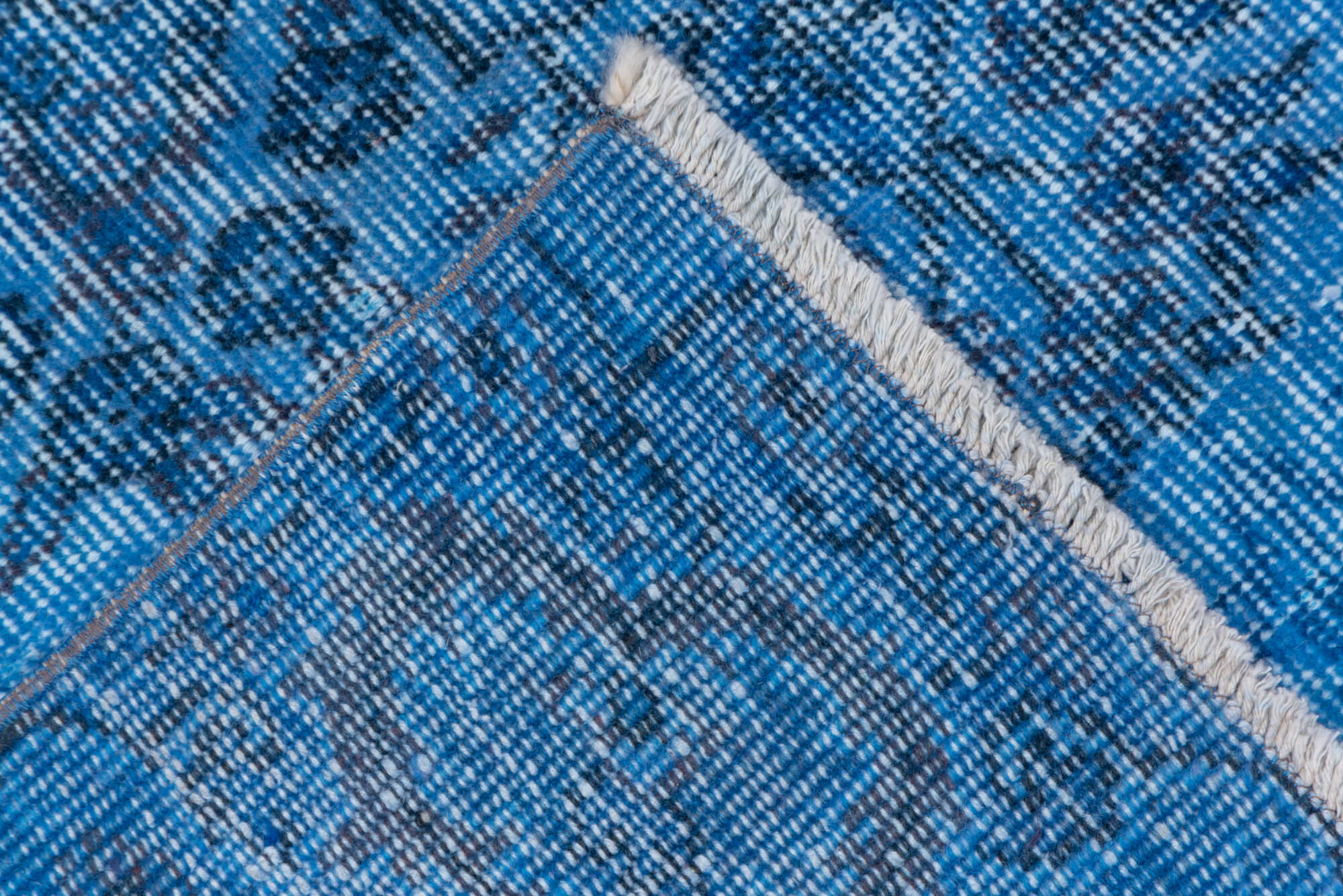 5' x 8' one-of-a-kind handmade vintage Overdyed medium size rug. Color palette: blue, gray, light blue, light steel blue