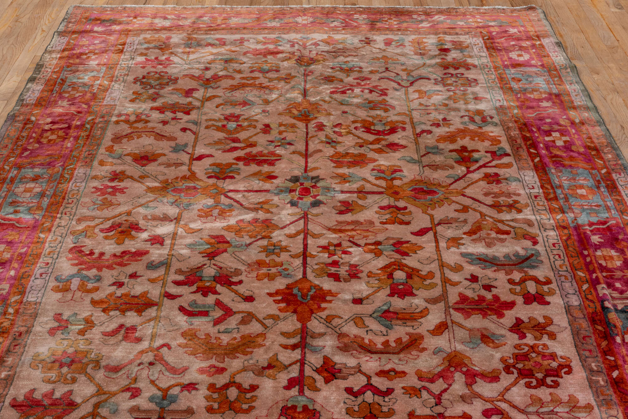 6' x 10' one-of-a-kind handmade vintage Hooked large size rug. Color palette: brown, dim gray, gray, pink, red, rosy brown