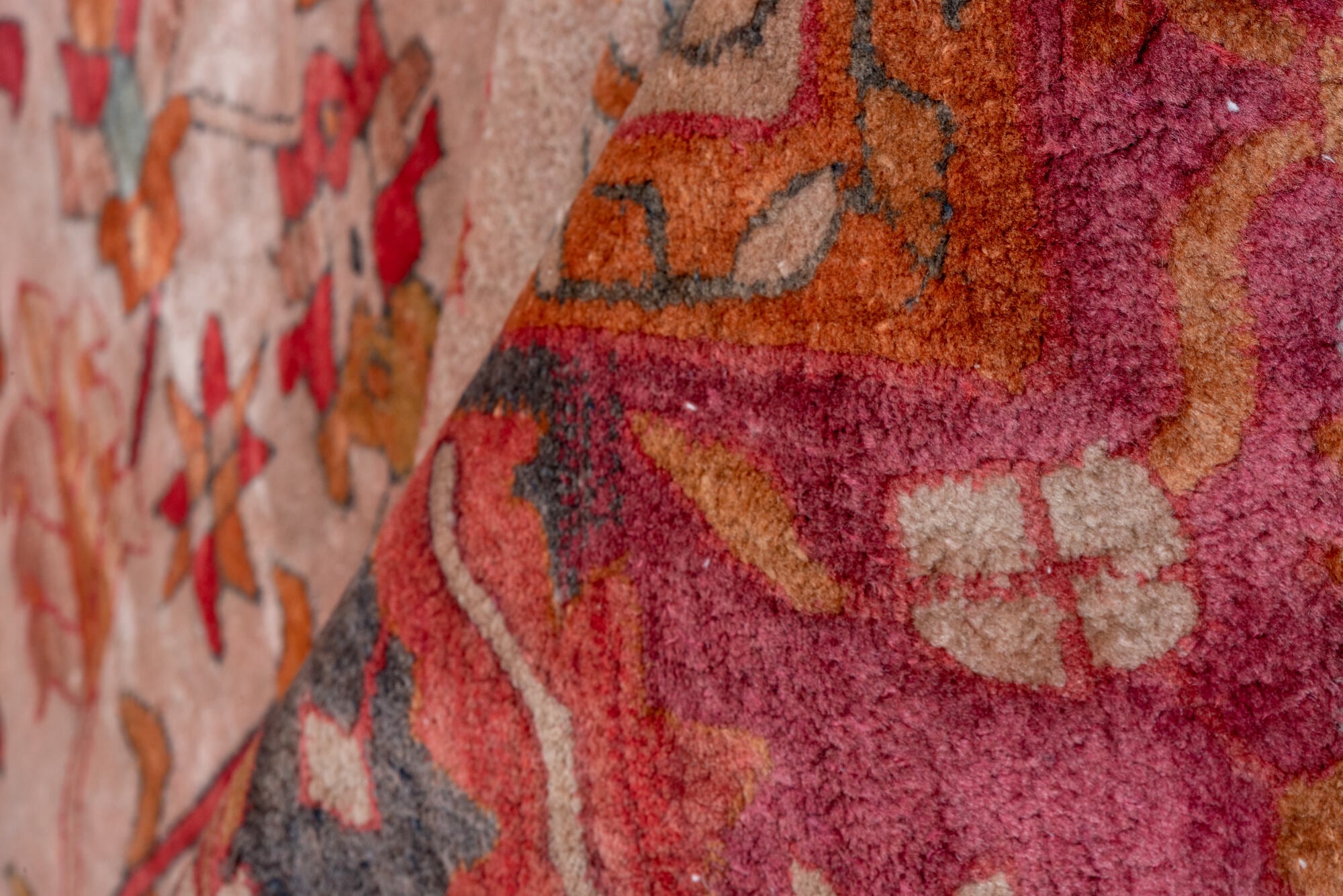 6' x 10' one-of-a-kind handmade vintage Hooked large size rug. Color palette: brown, dim gray, gray, pink, red, rosy brown