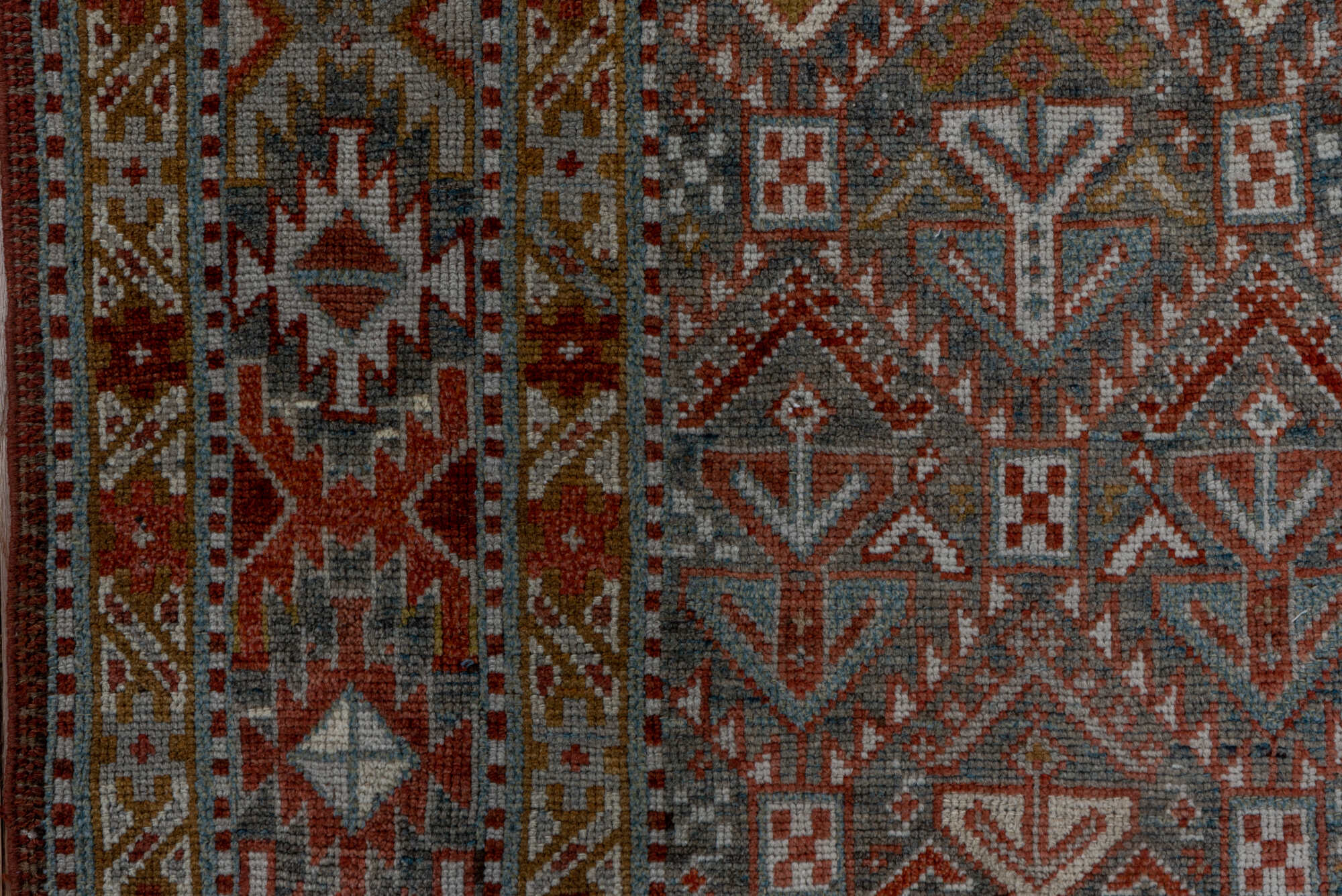 3' x 12' one-of-a-kind handmade vintage NW Persian runner rug. Color palette: black, brown, gray, pink, red