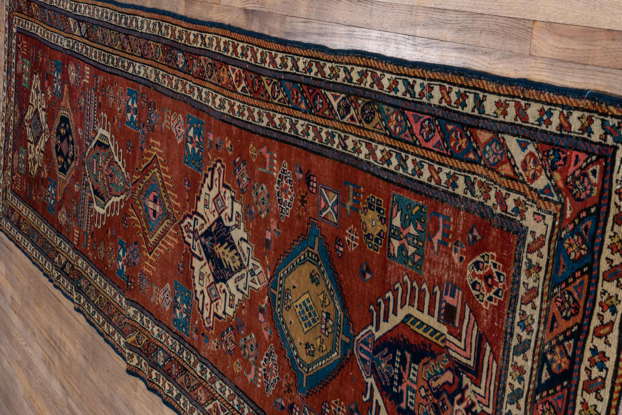 3' x 13' one-of-a-kind handmade vintage NW Persian runner rug. Color palette: gray, blue, black, brown, red