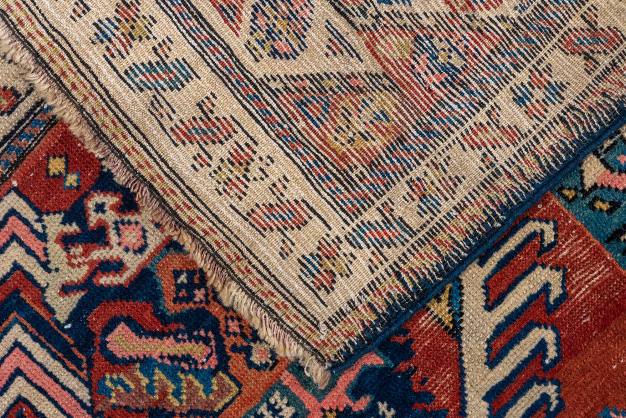 3' x 13' one-of-a-kind handmade vintage NW Persian runner rug. Color palette: gray, blue, black, brown, red