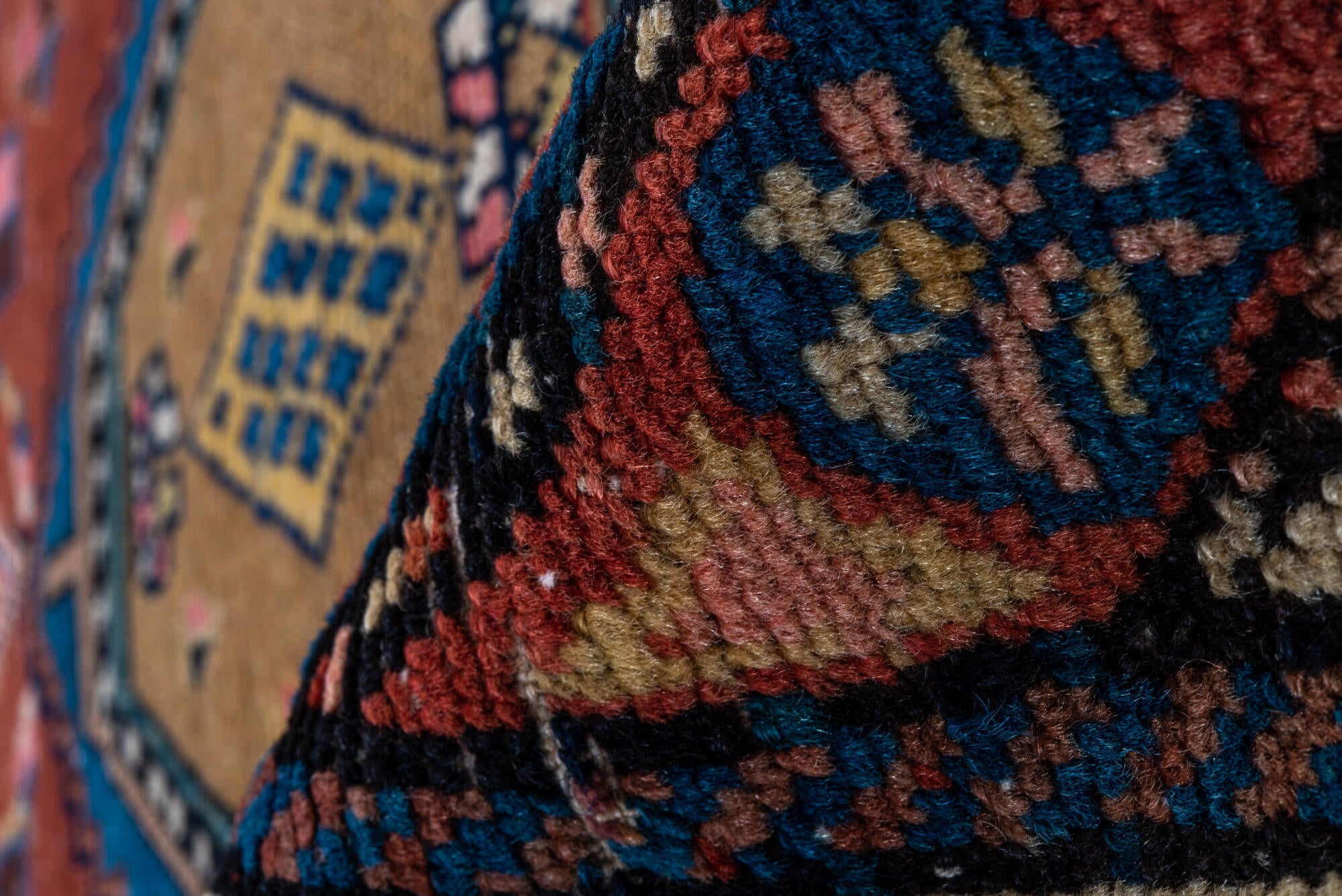 3' x 13' one-of-a-kind handmade vintage NW Persian runner rug. Color palette: gray, blue, black, brown, red