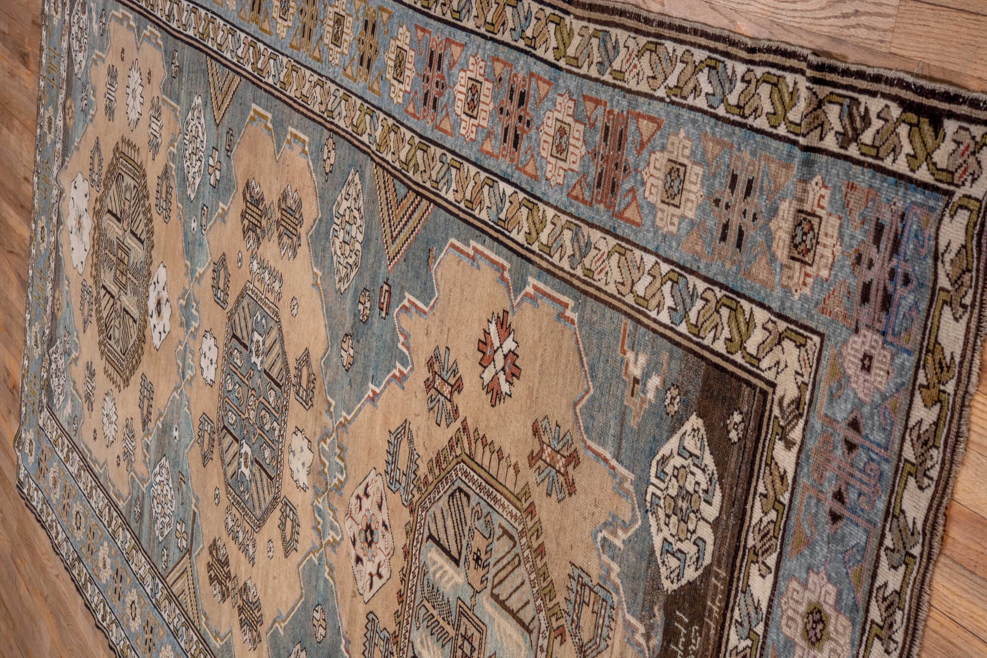6' x 12' one-of-a-kind handmade vintage Caucasian large size rug. Color palette: black, blue, brown, dim gray, gray