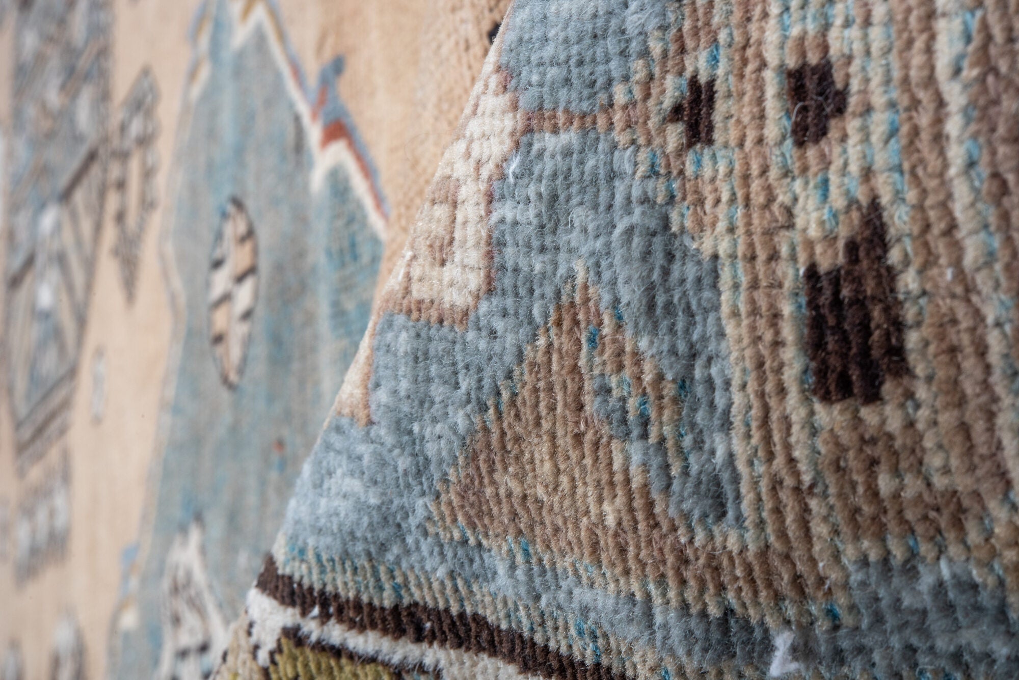 6' x 12' one-of-a-kind handmade vintage Caucasian large size rug. Color palette: black, blue, brown, dim gray, gray