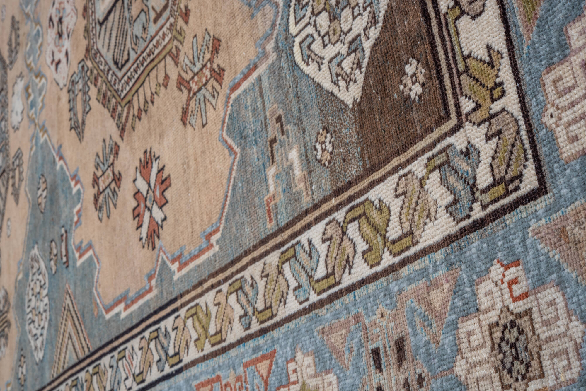 6' x 12' one-of-a-kind handmade vintage Caucasian large size rug. Color palette: black, blue, brown, dim gray, gray