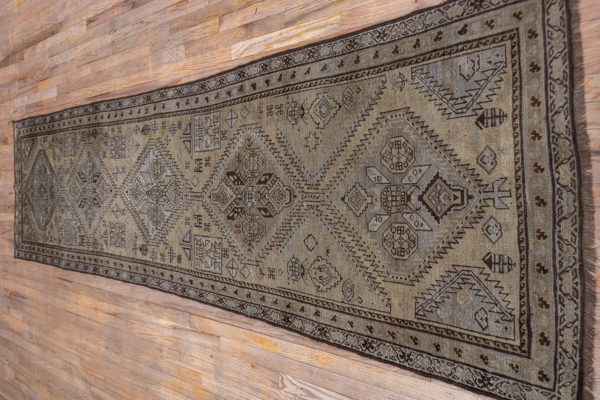 3' x 12' one-of-a-kind handmade vintage Karabagh runner rug. Color palette: brown, gray, off-white, snow, white, whitesmoke