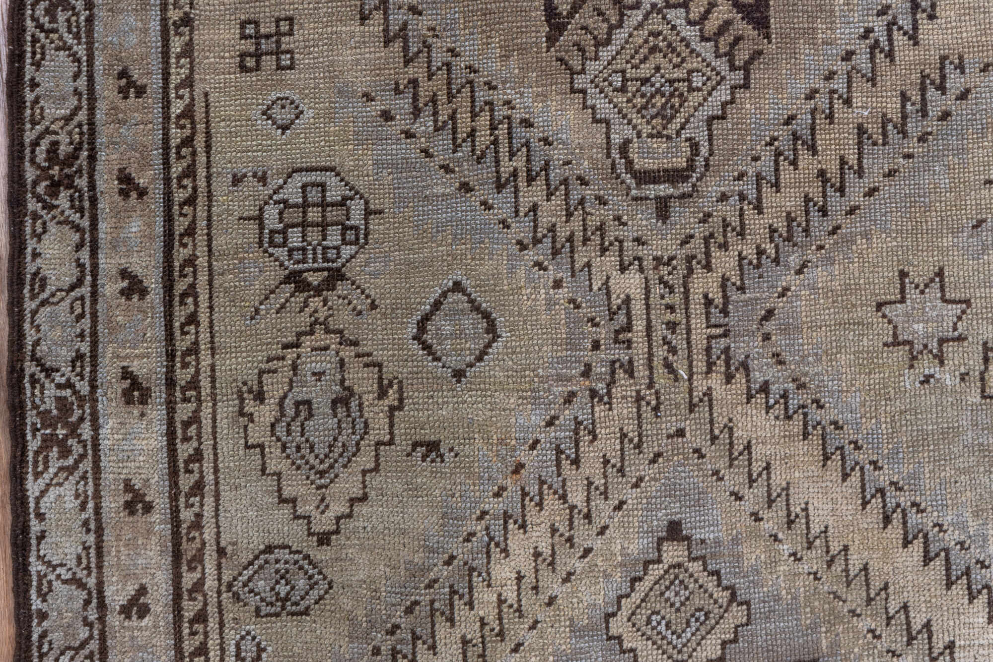 3' x 12' one-of-a-kind handmade vintage Karabagh runner rug. Color palette: brown, gray, off-white, snow, white, whitesmoke