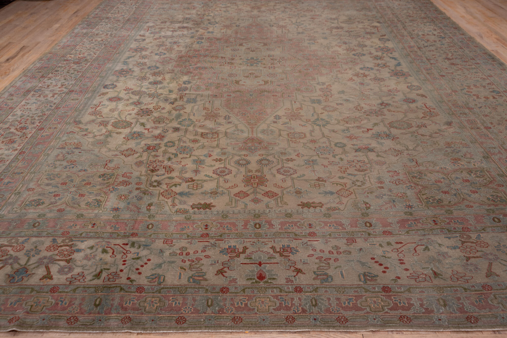 13' x 16' one-of-a-kind handmade vintage Sivas oversize rug. Color palette: brown, dim gray, gray, pink, red, redwood