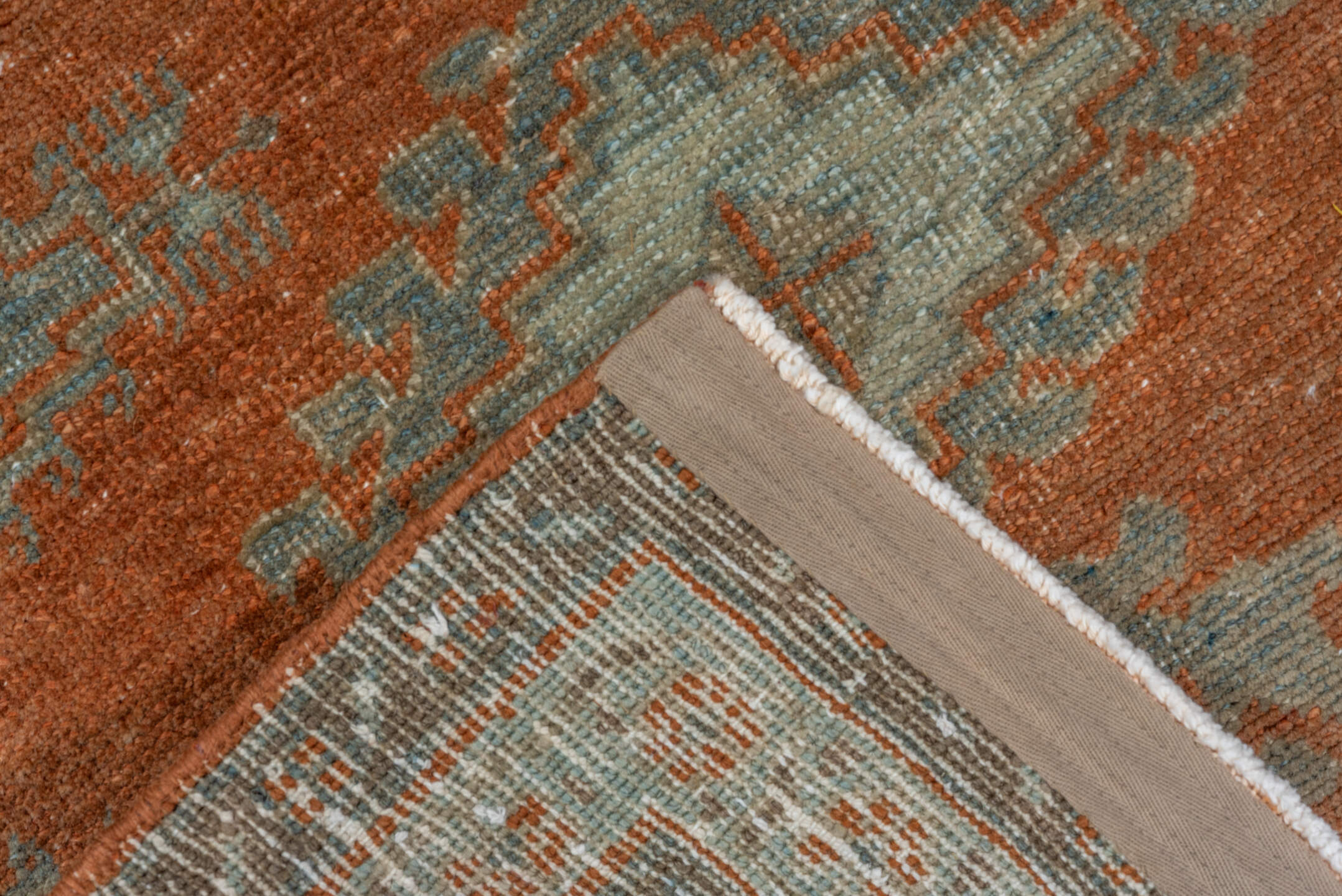 3' x 10' one-of-a-kind handmade vintage Veece runner rug. Color palette: brown, pink, gray, light gray, off-white, sienna