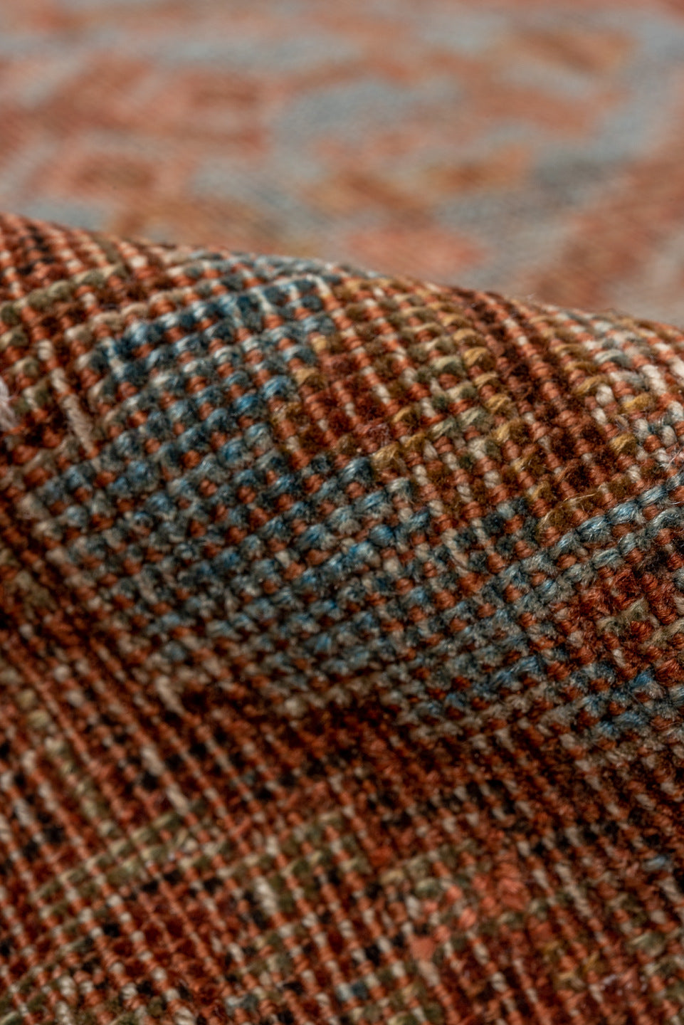 4' x 5' one-of-a-kind handmade vintage Afshar small size rug. Color palette: brown, gray, pink, light gray, off-white, blue