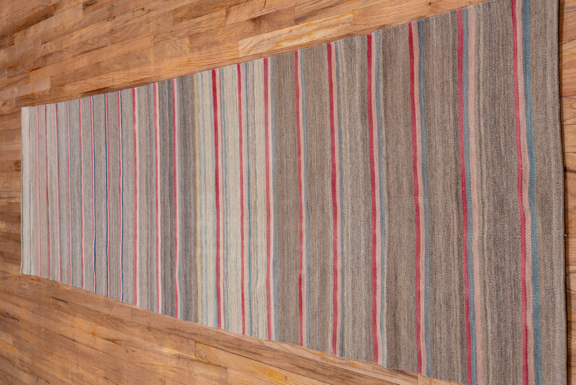 2' x 11' one-of-a-kind handmade vintage Kilim runner rug. Color palette: blue, fiord, gray, light gray, off-white, pink