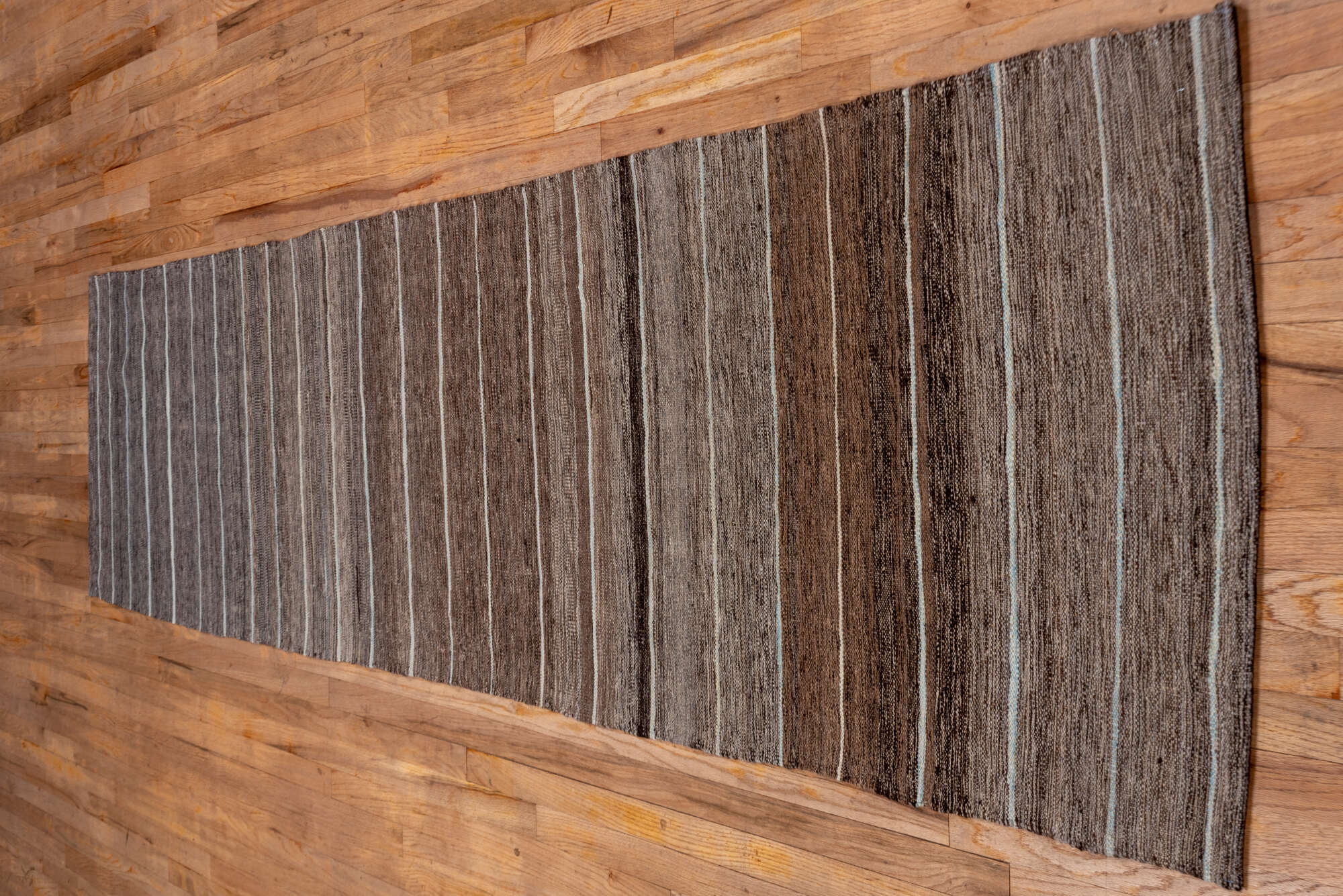 2' x 11' one-of-a-kind handmade vintage Kilim runner rug. Color palette: brown, gray, light gray, off-white, pink, silver