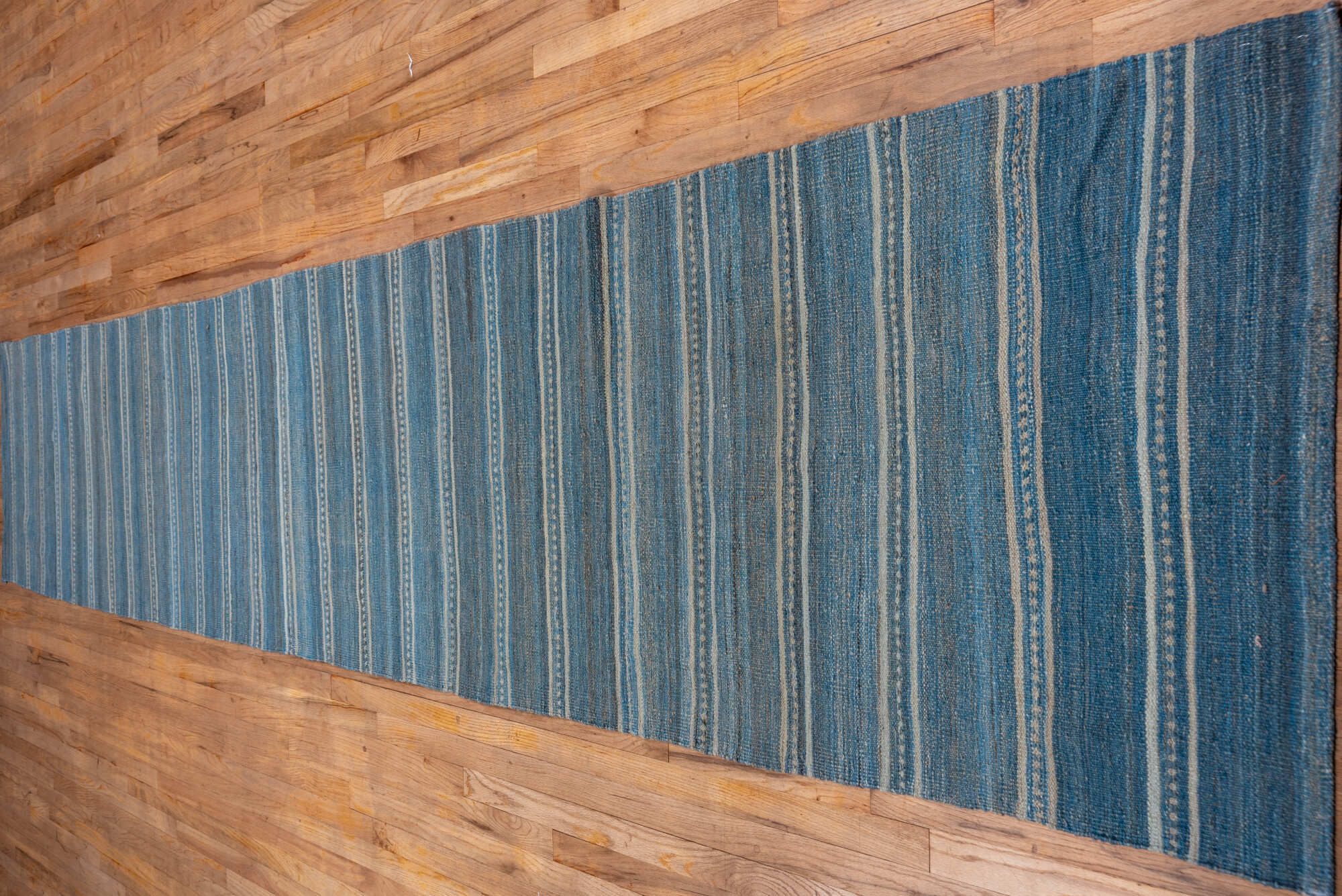 2' x 18' one-of-a-kind handmade vintage Kilim runner rug. Color palette: blue, dark gray, gray, light gray, light slate gray