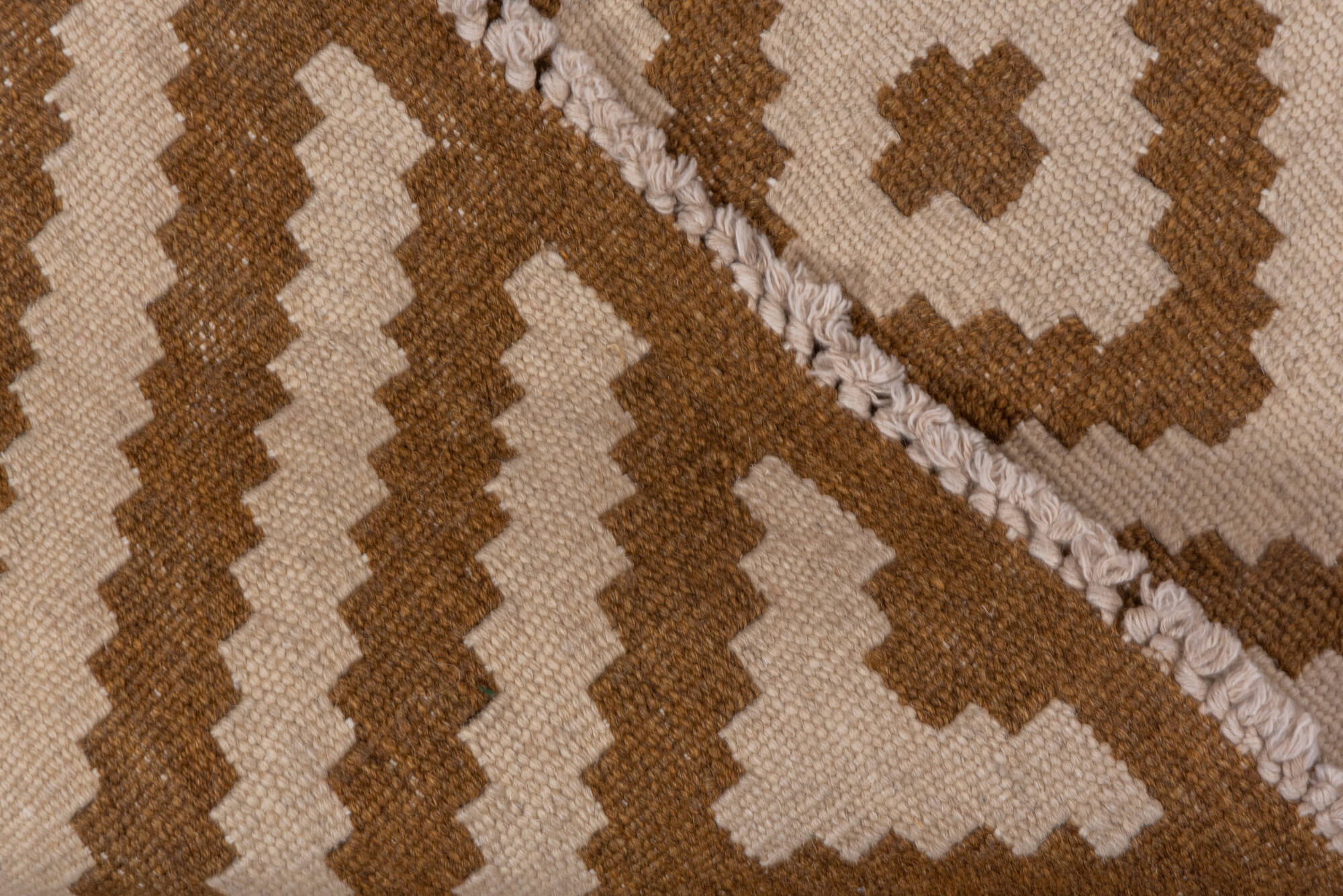 3' x 5' one-of-a-kind handmade vintage Kilim small size rug. Color palette: brown, gray, light gray, off-white, pink, snow