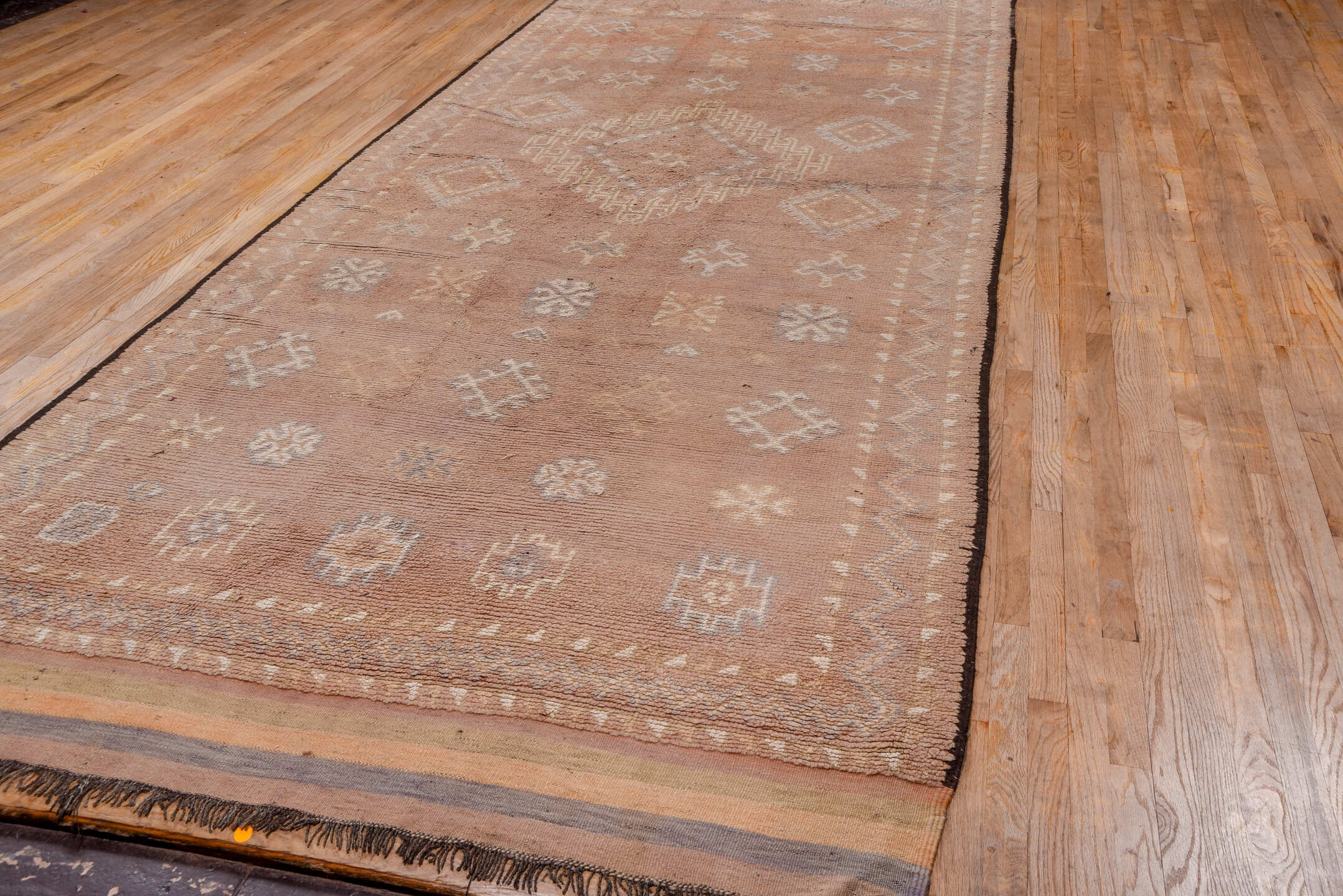 6' x 16' one-of-a-kind handmade vintage Moroccan rug. Color palette: brown, gray, pink, off-white, white, snow, whitesmoke