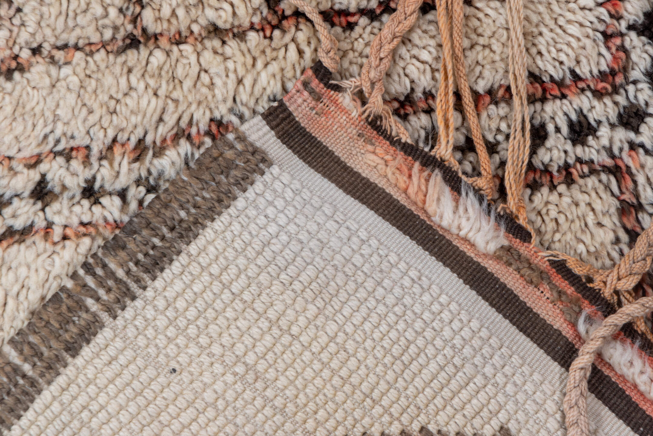 6' x 12' one-of-a-kind handmade vintage Moroccan large size rug. Color palette: brown, pink, gray, light gray, off-white
