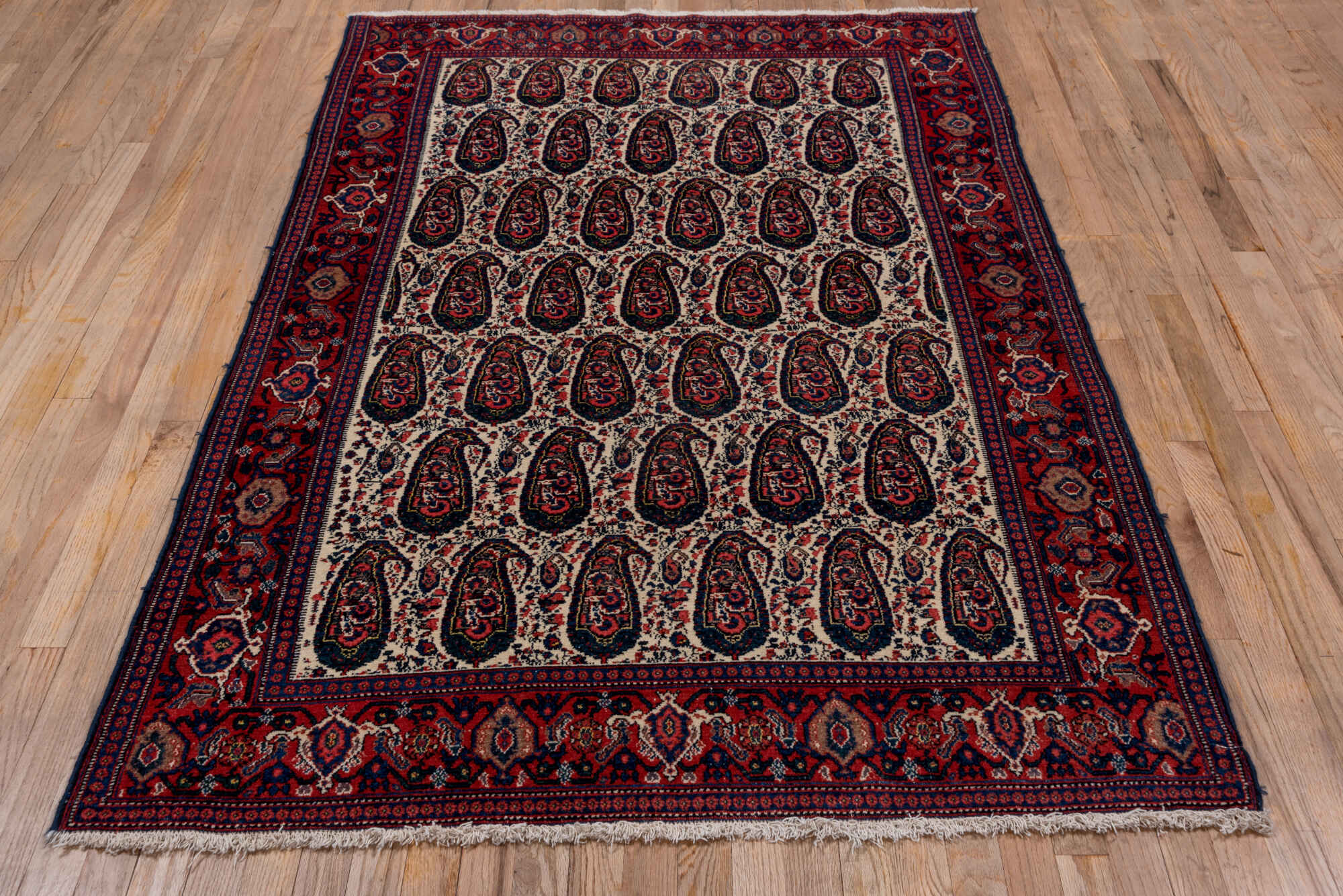 4' x 6' one-of-a-kind handmade vintage Senne small size rug. Color palette: black, blue, brown, gray, light gray, pink, red