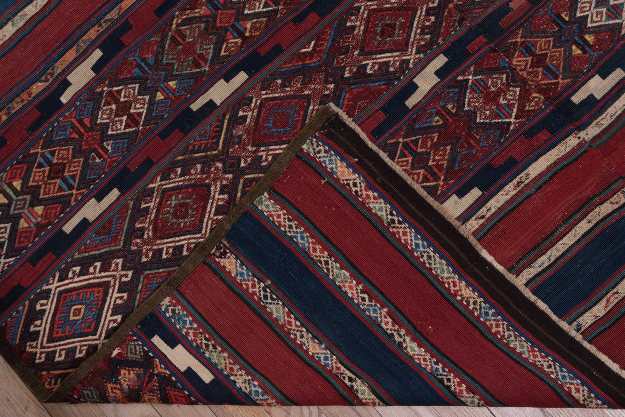 5' x 15' one-of-a-kind handmade vintage Kilim rug. Color palette: arapawa, blue, brown, gray, pink, red, slate gray