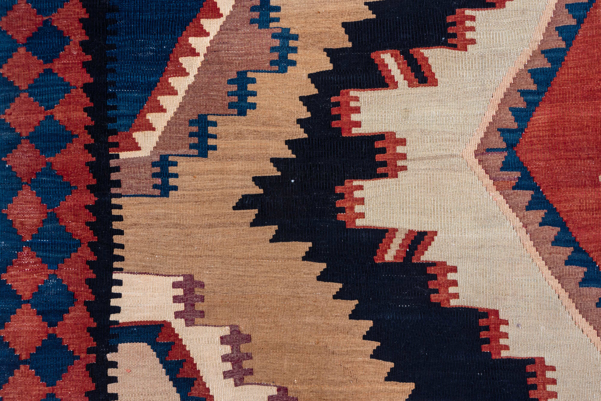 6' x 15' one-of-a-kind handmade vintage Kilim rug. Color palette: blue, brown, gray, off-white, orange, pink, red, redwood