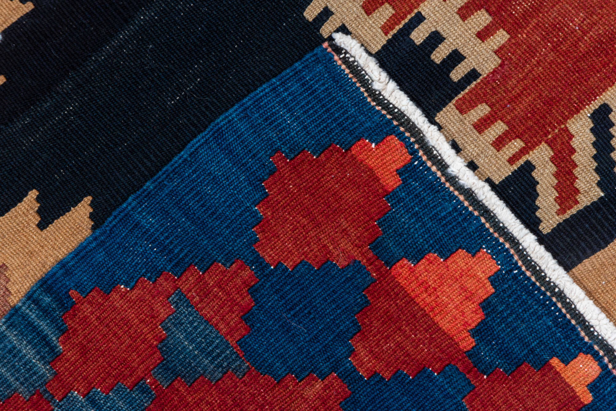 6' x 15' one-of-a-kind handmade vintage Kilim rug. Color palette: blue, brown, gray, off-white, orange, pink, red, redwood