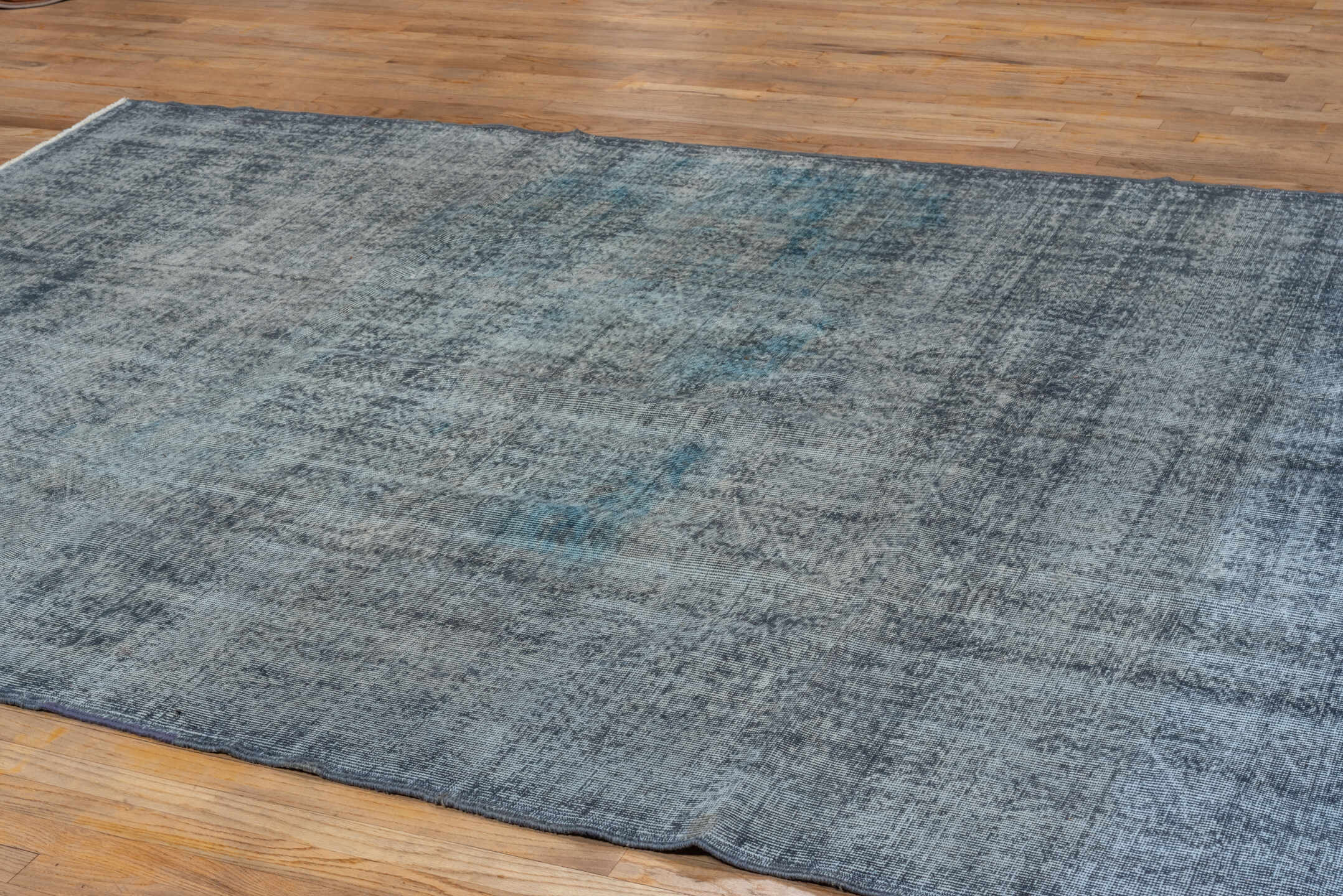 7' x 10' one-of-a-kind handmade vintage Overdyed large size rug. Color palette: gray, blue, light blue, dark gray, dim gray