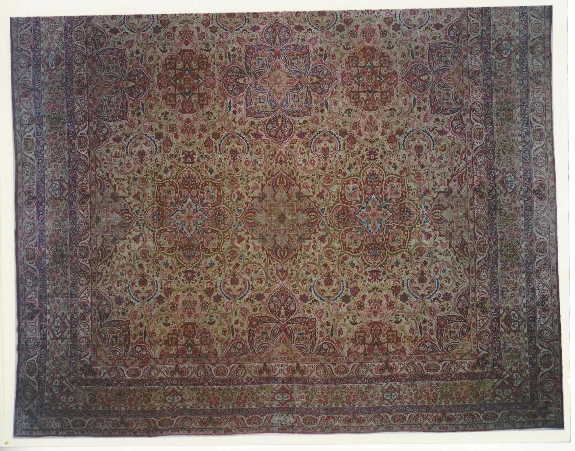 20' x 25' one-of-a-kind handmade vintage Lavar oversize rug. Color palette: blue, brown, gray, off-white, orange, pink, red