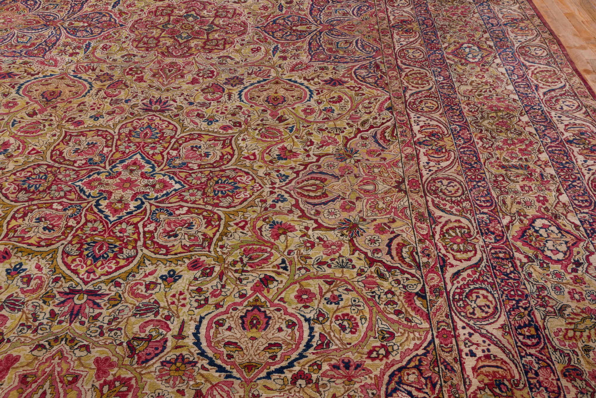 20' x 25' one-of-a-kind handmade vintage Lavar oversize rug. Color palette: blue, brown, gray, off-white, orange, pink, red