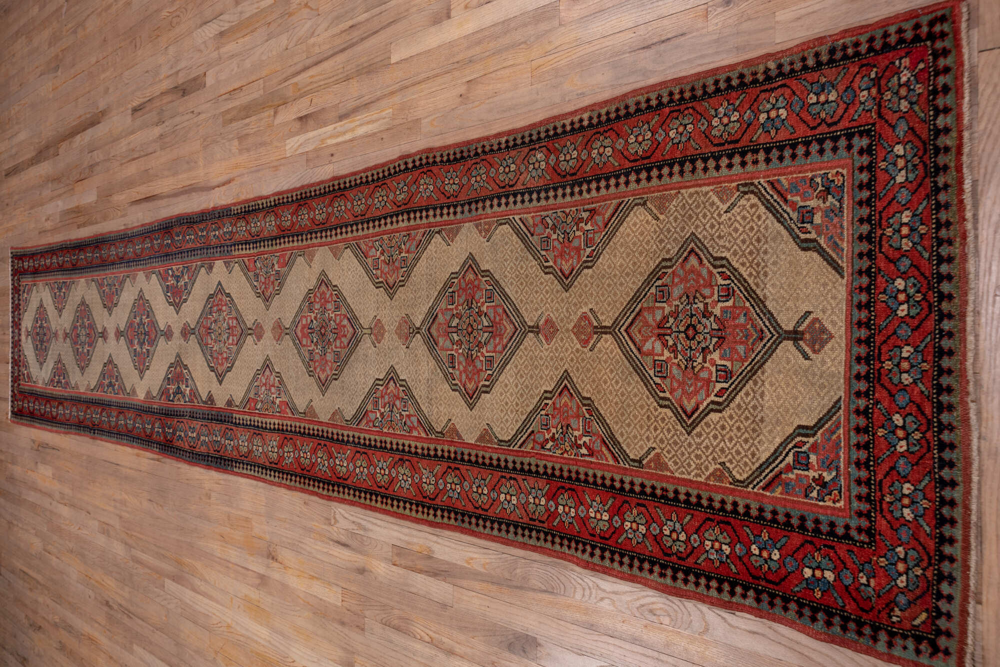 3' x 16' one-of-a-kind handmade vintage Cam Hamadan runner rug. Color palette: blue, brown, gray, light gray, pink, red