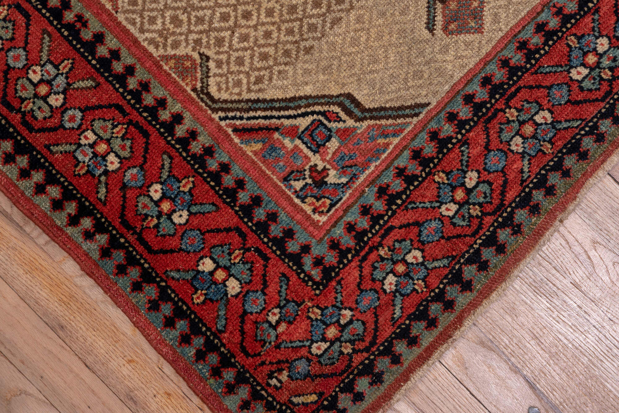 3' x 16' one-of-a-kind handmade vintage Cam Hamadan runner rug. Color palette: blue, brown, gray, light gray, pink, red