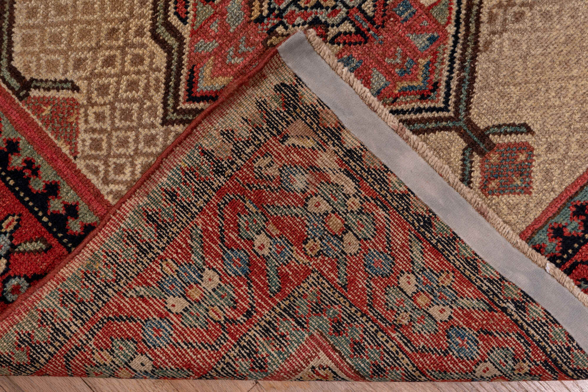 3' x 16' one-of-a-kind handmade vintage Cam Hamadan runner rug. Color palette: blue, brown, gray, light gray, pink, red