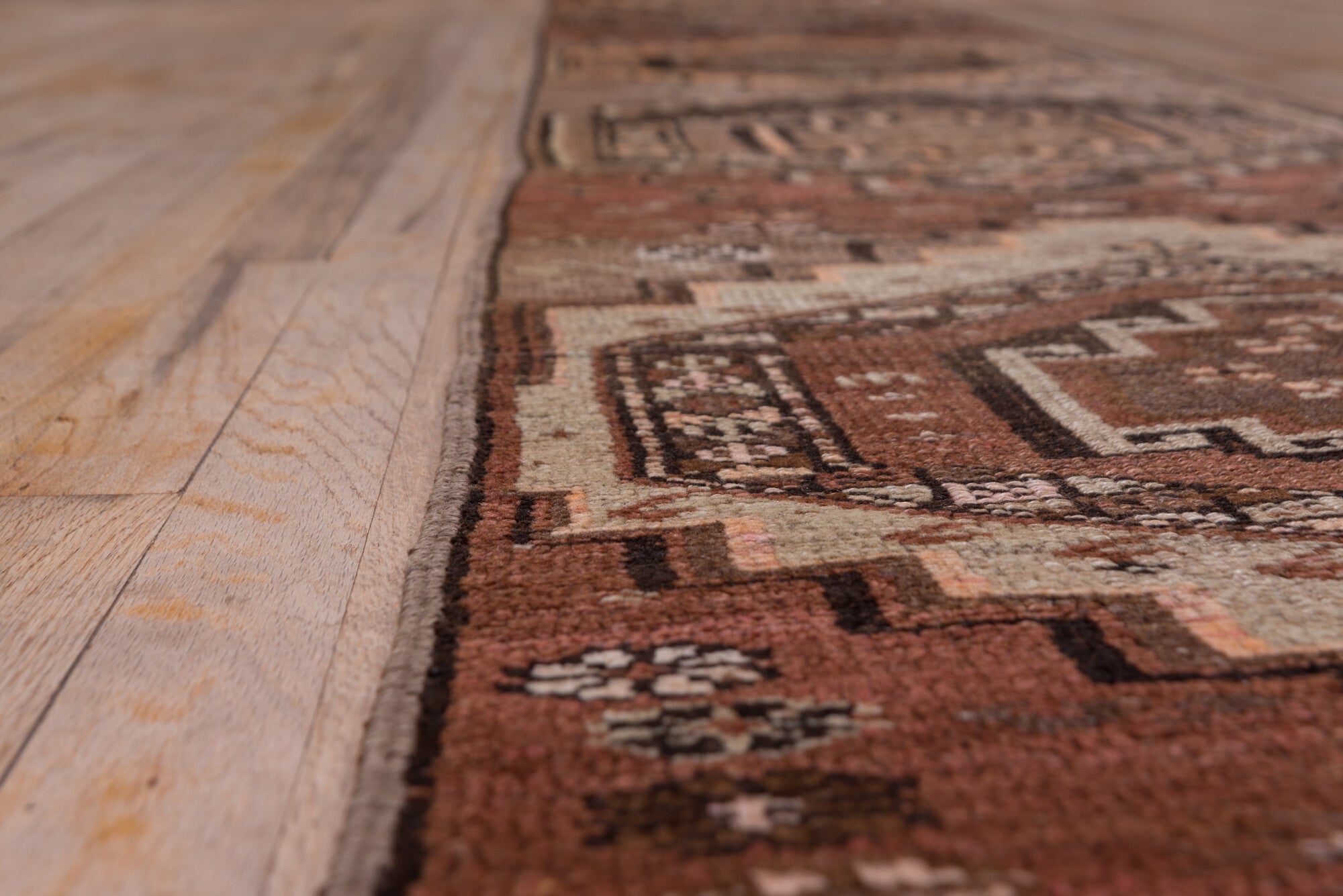 2' x 14' one-of-a-kind handmade vintage Kars runner rug. Color palette: brown, gray, pink, redwood