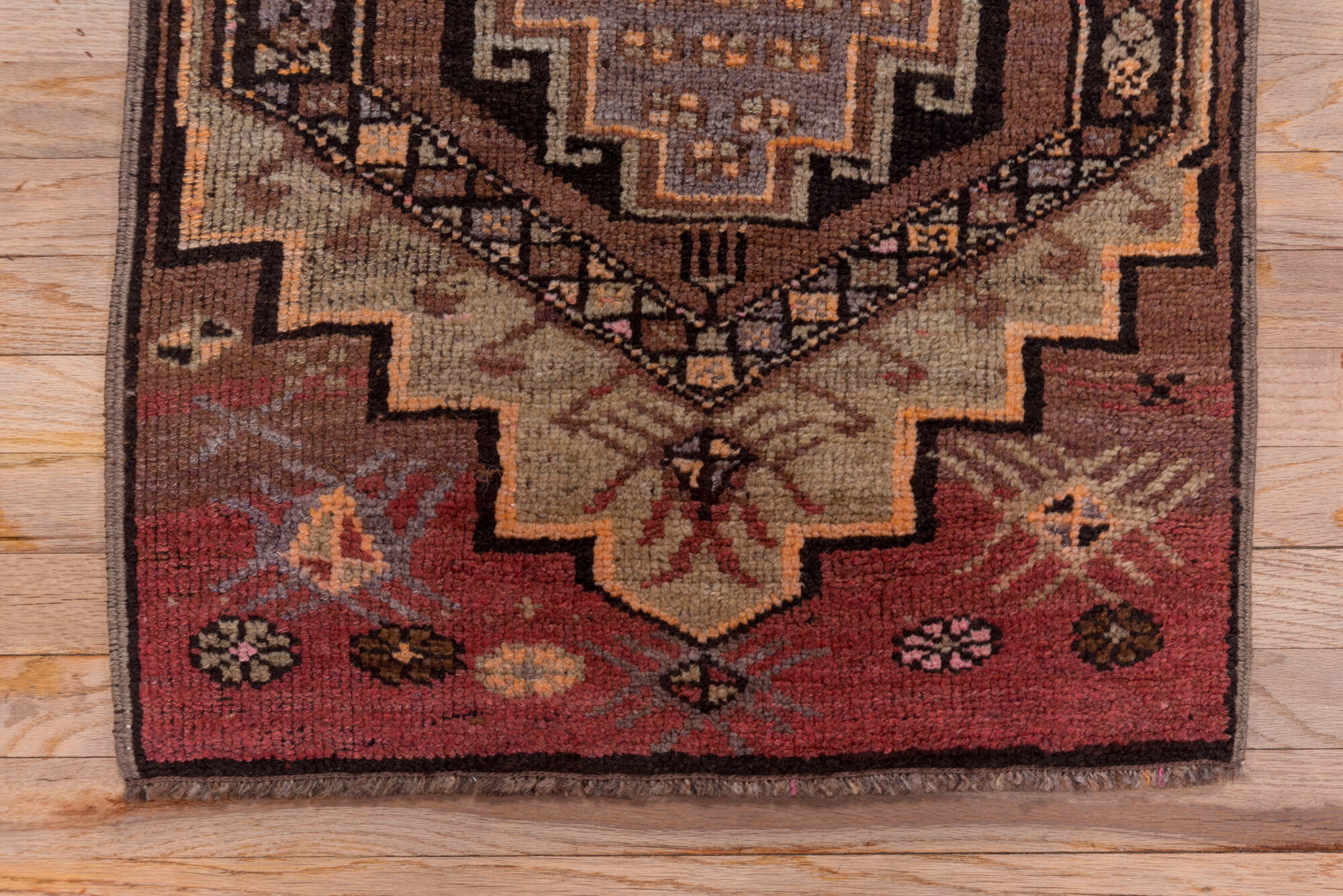 2' x 14' one-of-a-kind handmade vintage Kars runner rug. Color palette: brown, gray, pink, redwood