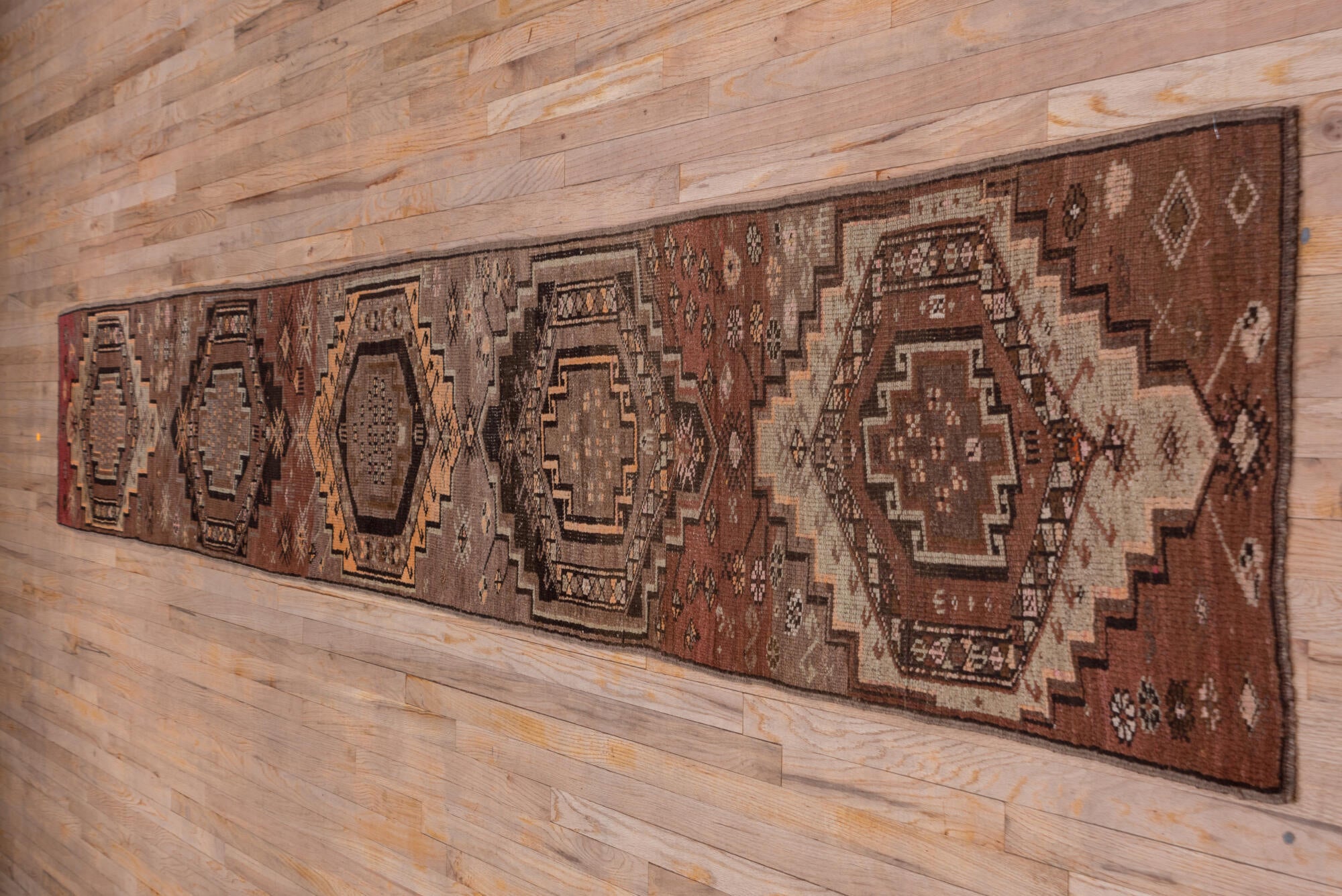 2' x 14' one-of-a-kind handmade vintage Kars runner rug. Color palette: brown, gray, pink, redwood