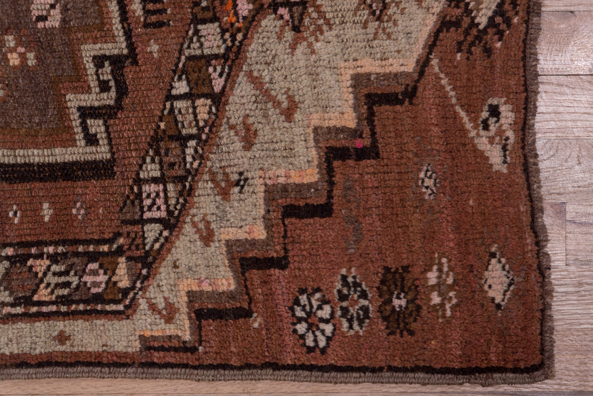 2' x 14' one-of-a-kind handmade vintage Kars runner rug. Color palette: brown, gray, pink, redwood