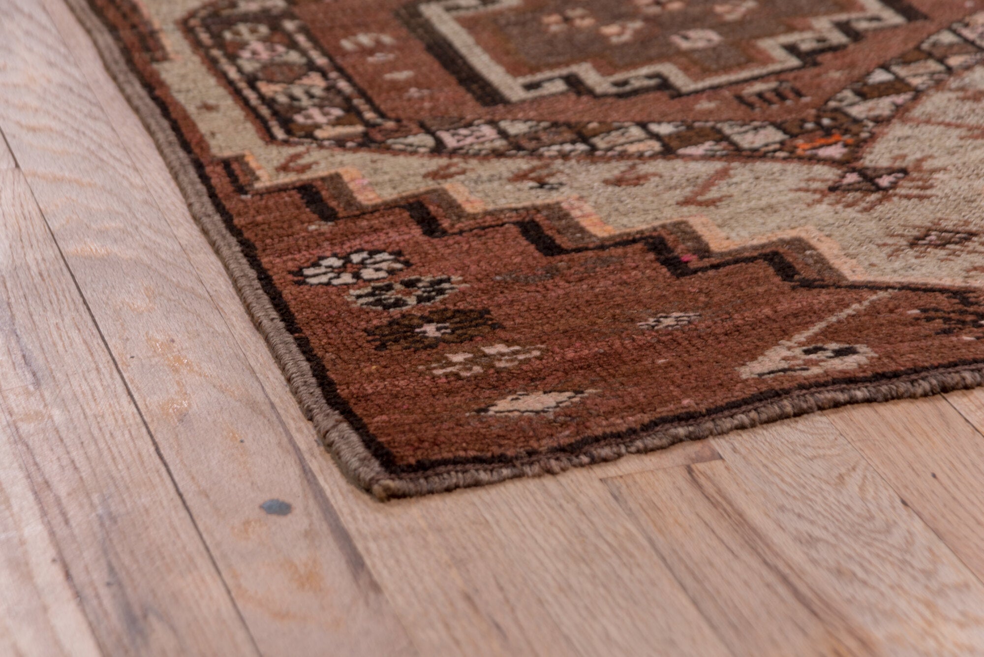 2' x 14' one-of-a-kind handmade vintage Kars runner rug. Color palette: brown, gray, pink, redwood