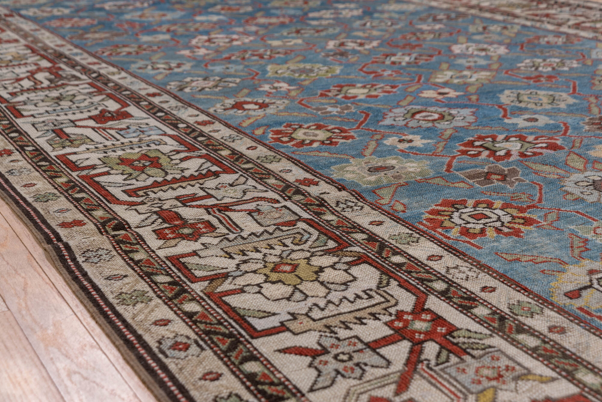 6' x 14' one-of-a-kind handmade vintage Karabagh large size rug. Color palette: black, blue, brown, charcoal, dim gray, gray