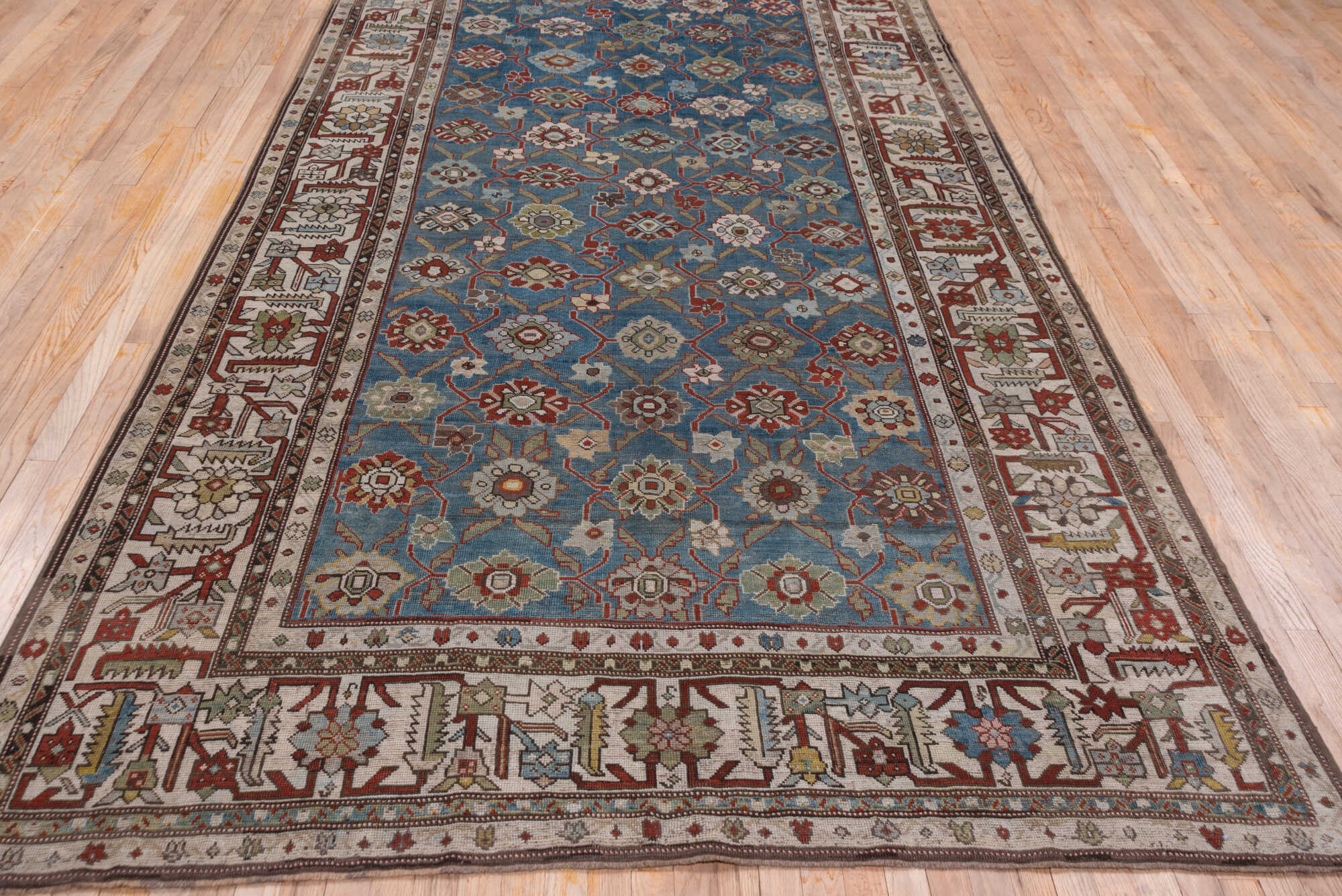 6' x 14' one-of-a-kind handmade vintage Karabagh large size rug. Color palette: black, blue, brown, charcoal, dim gray, gray