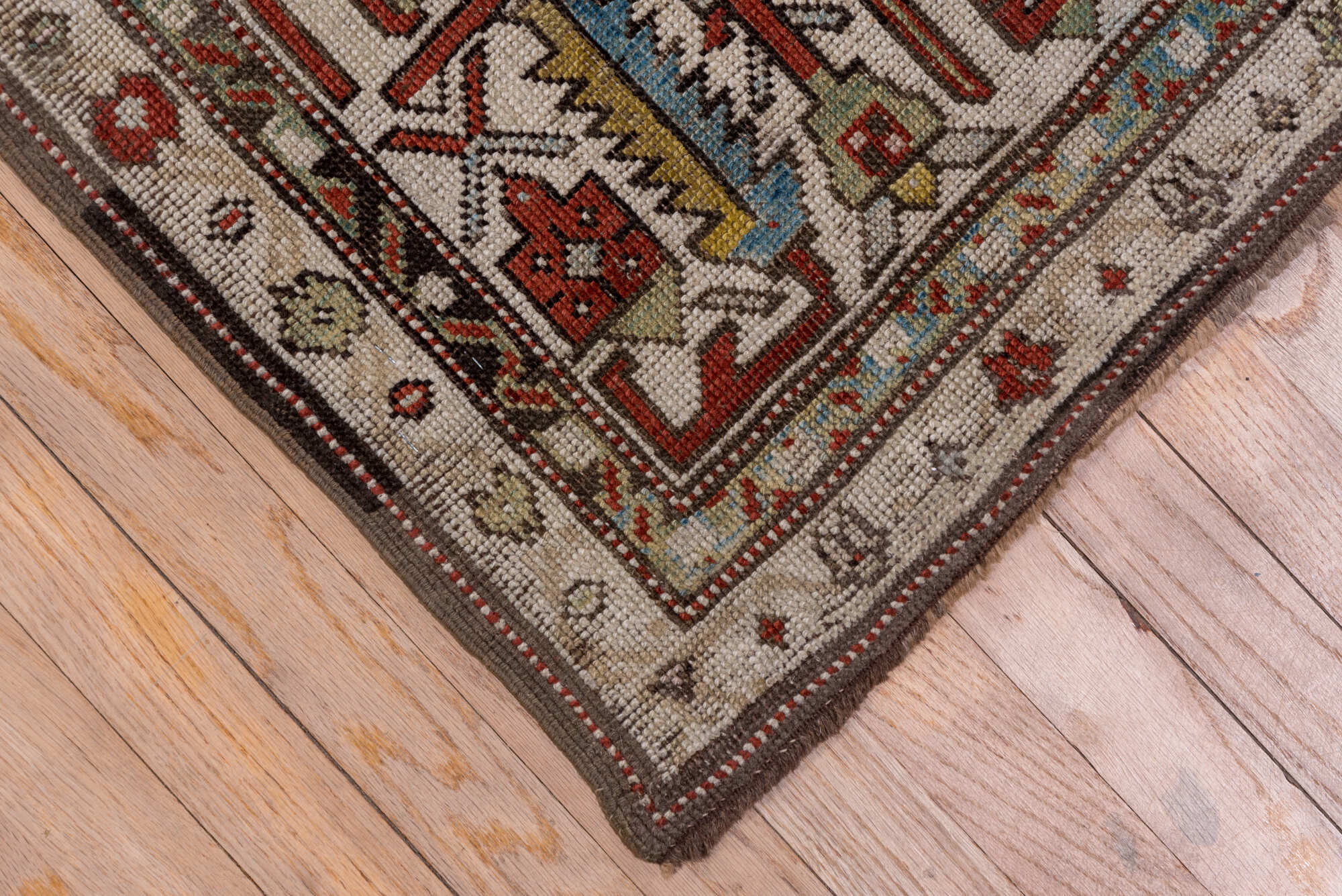 6' x 14' one-of-a-kind handmade vintage Karabagh large size rug. Color palette: black, blue, brown, charcoal, dim gray, gray