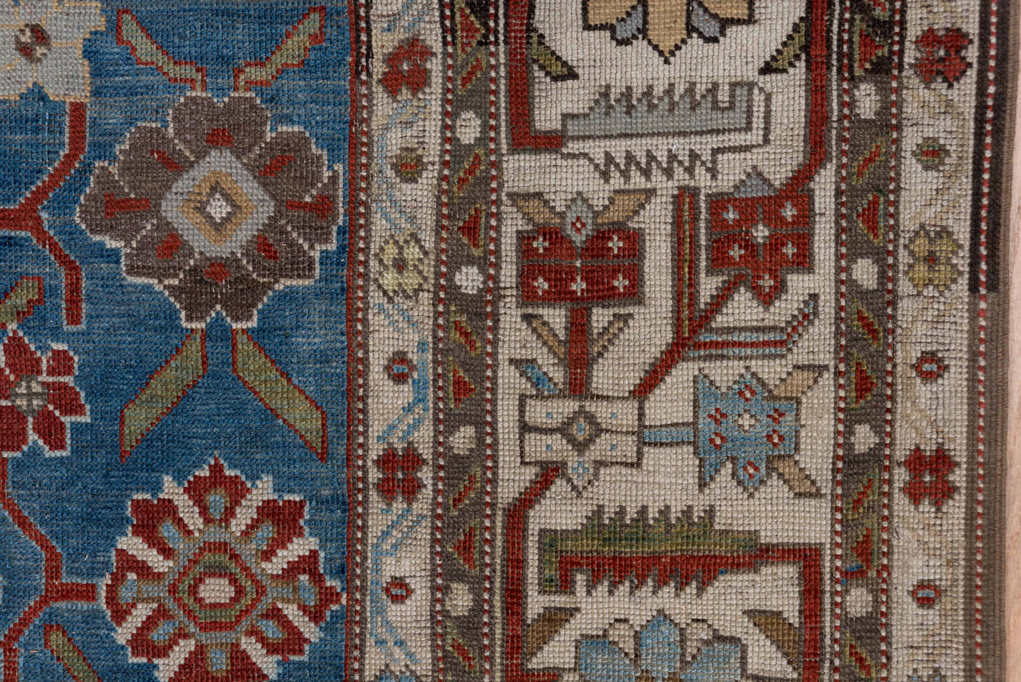 6' x 14' one-of-a-kind handmade vintage Karabagh large size rug. Color palette: black, blue, brown, charcoal, dim gray, gray