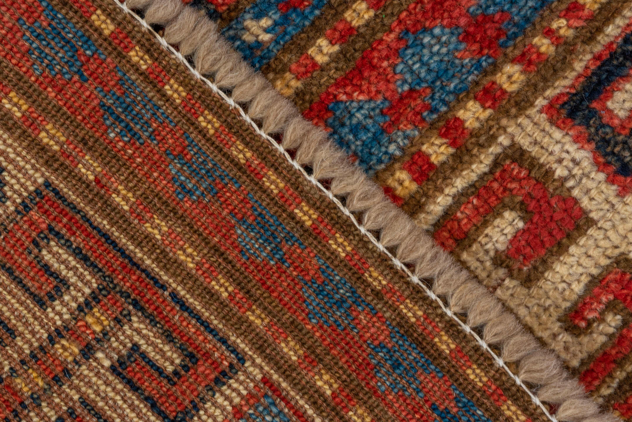 4' x 6' one-of-a-kind handmade vintage Kazak small size rug. Color palette: brown, blue, gray, red, arapawa, tan