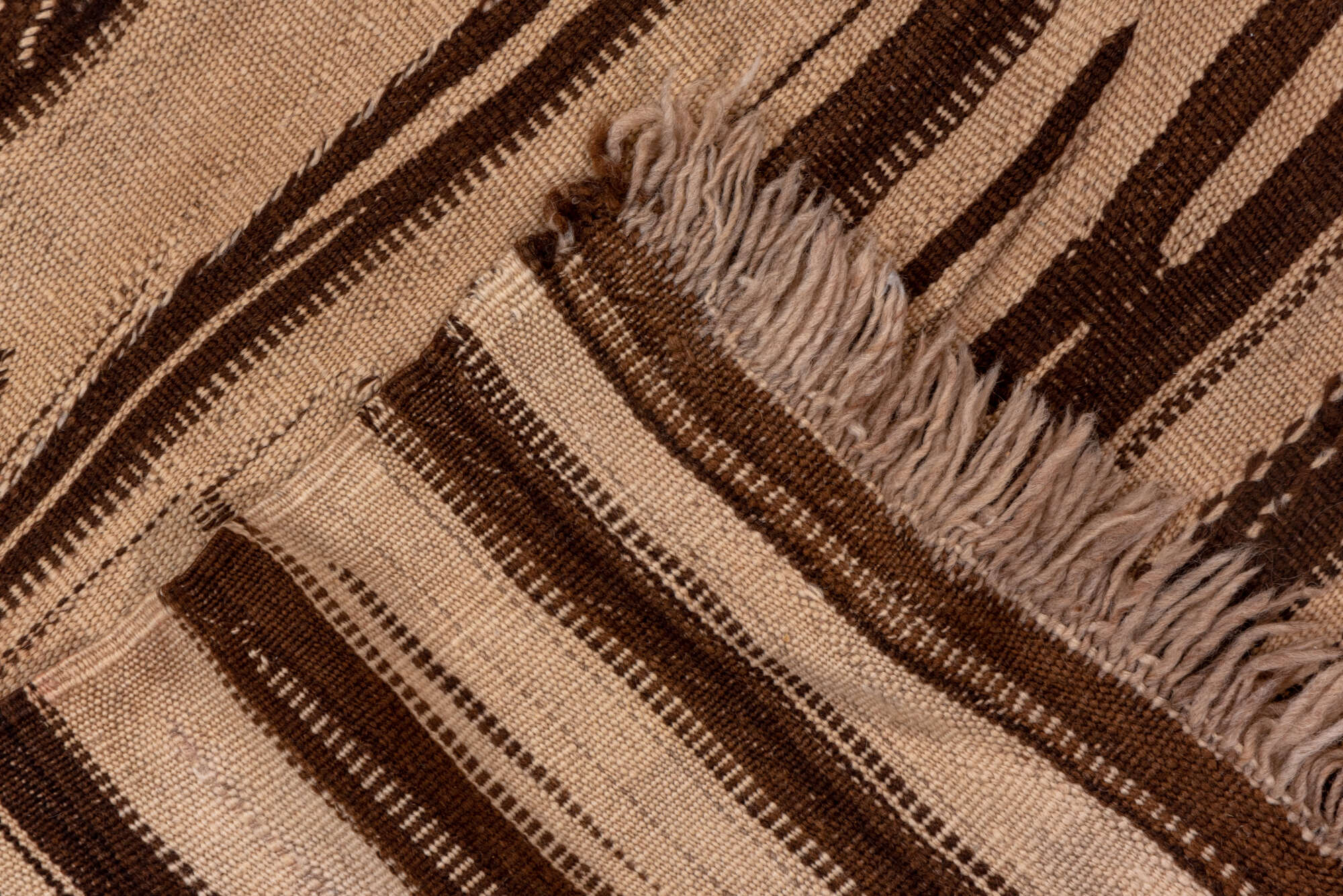 4' x 9' one-of-a-kind handmade vintage Kilim runner rug. Color palette: brown, light gray, off-white, pink, snow, white