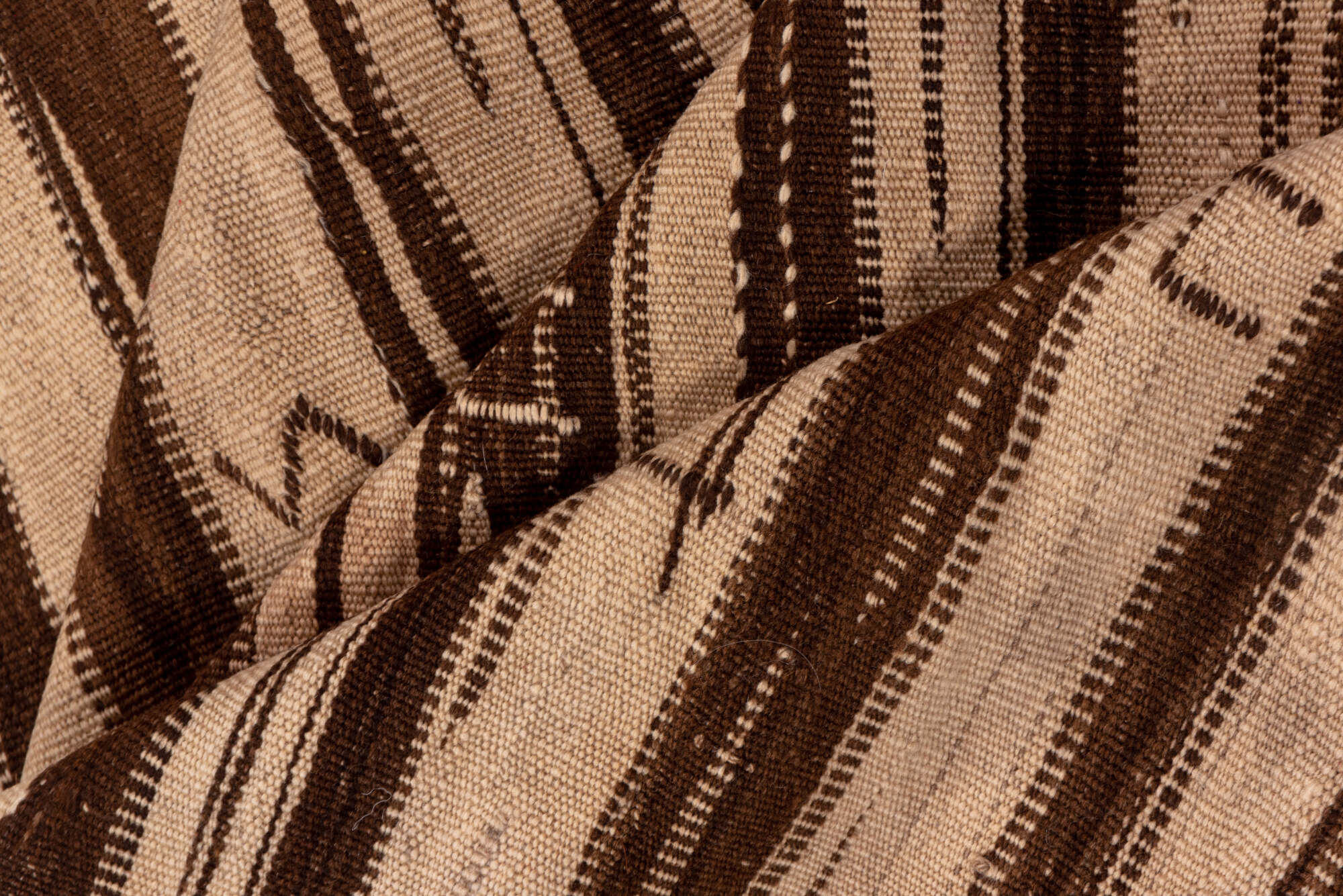 4' x 9' one-of-a-kind handmade vintage Kilim runner rug. Color palette: brown, light gray, off-white, pink, snow, white