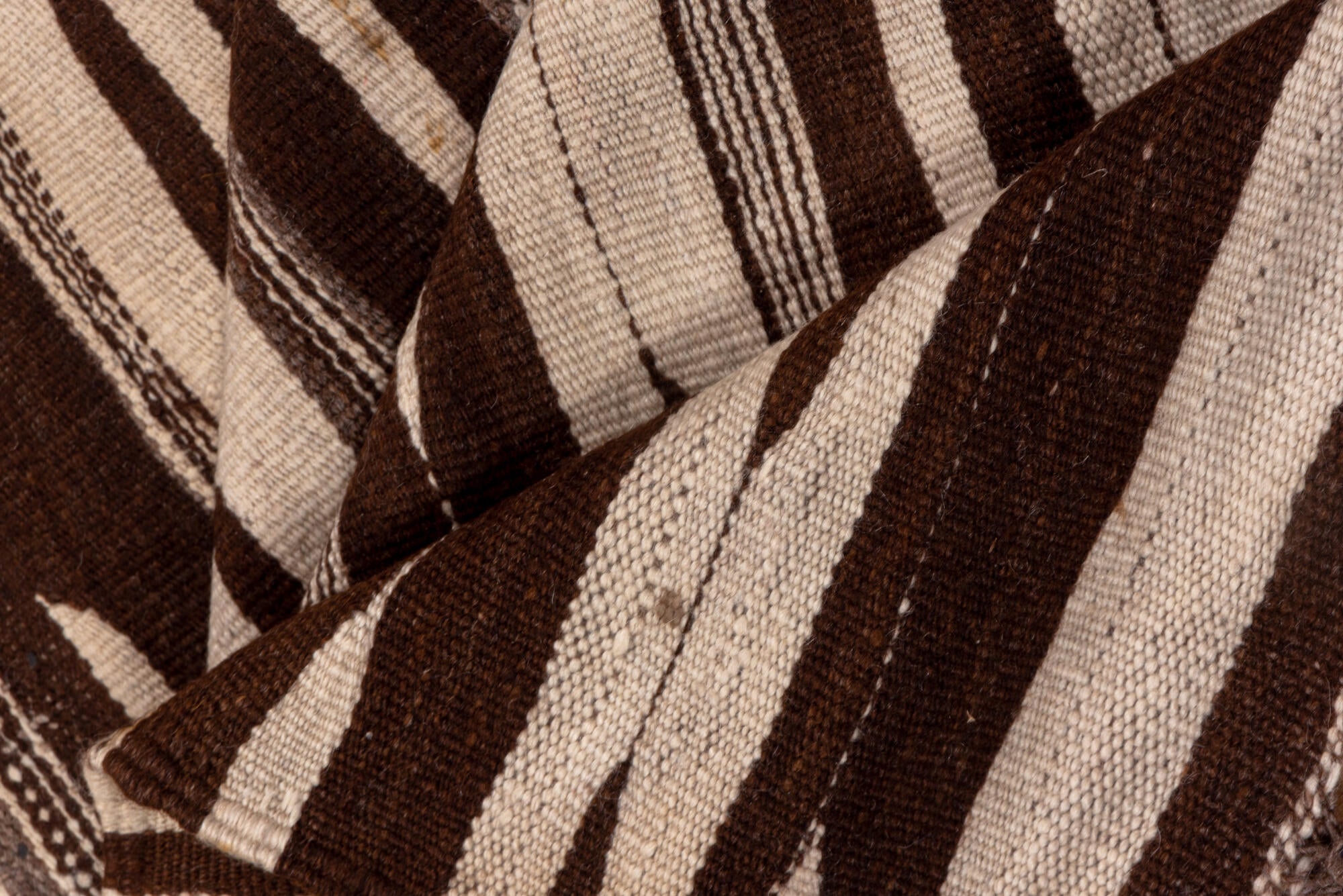 4' x 10' one-of-a-kind handmade vintage Kilim runner rug. Color palette: brown, gray, light gray, off-white, pink, snow